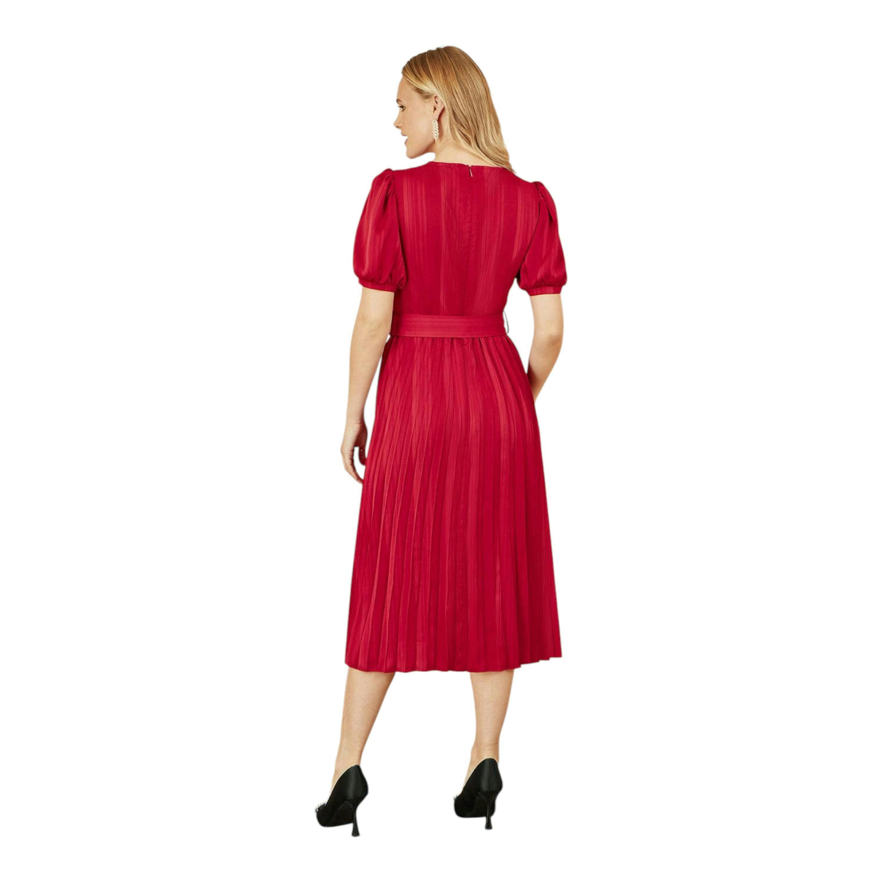 Yumi Red Satin Striped Midi Dress With Pleats and Matching Belt , view 4 of 5