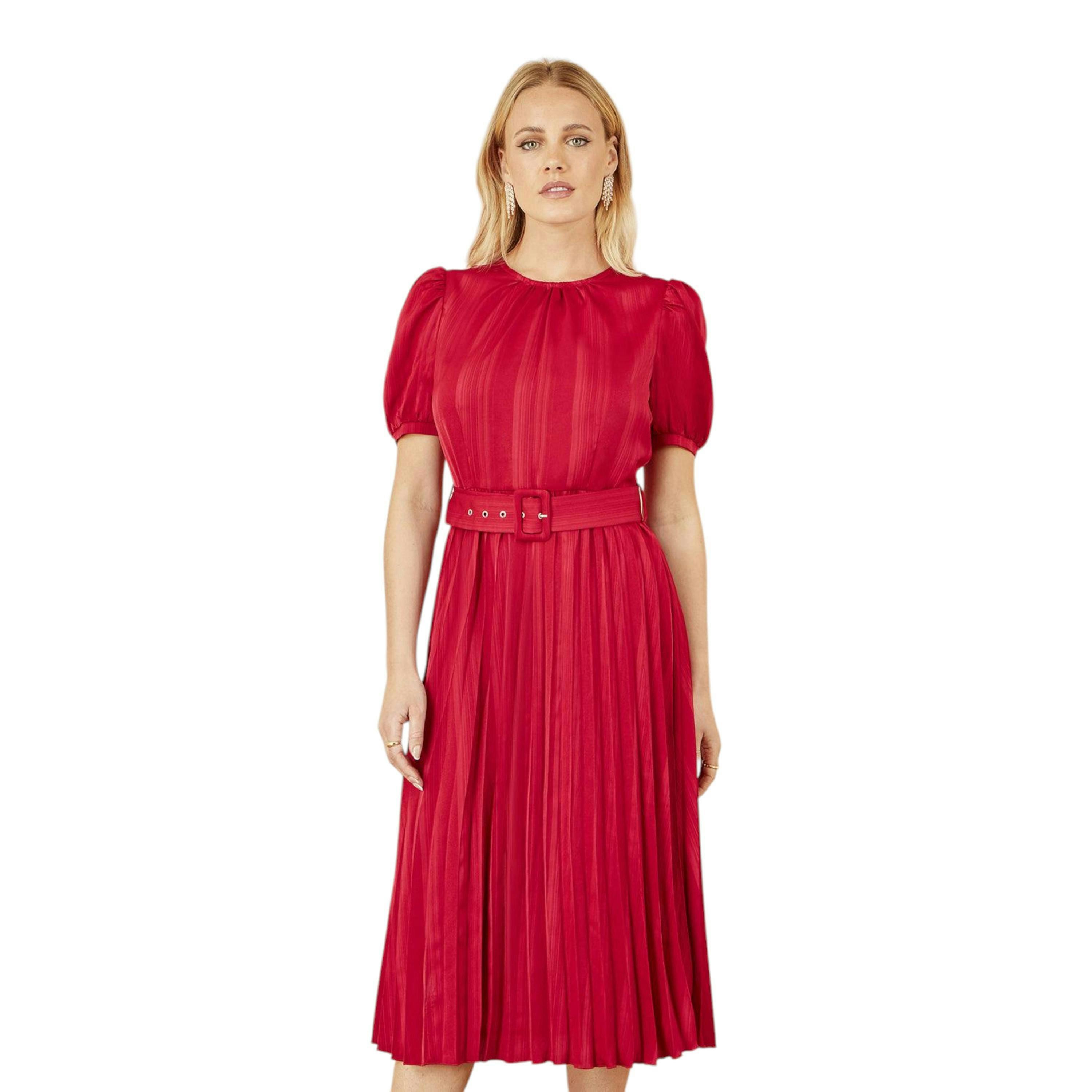 Yumi Red Satin Striped Midi Dress With Pleats and Matching Belt , view 5 of 5
