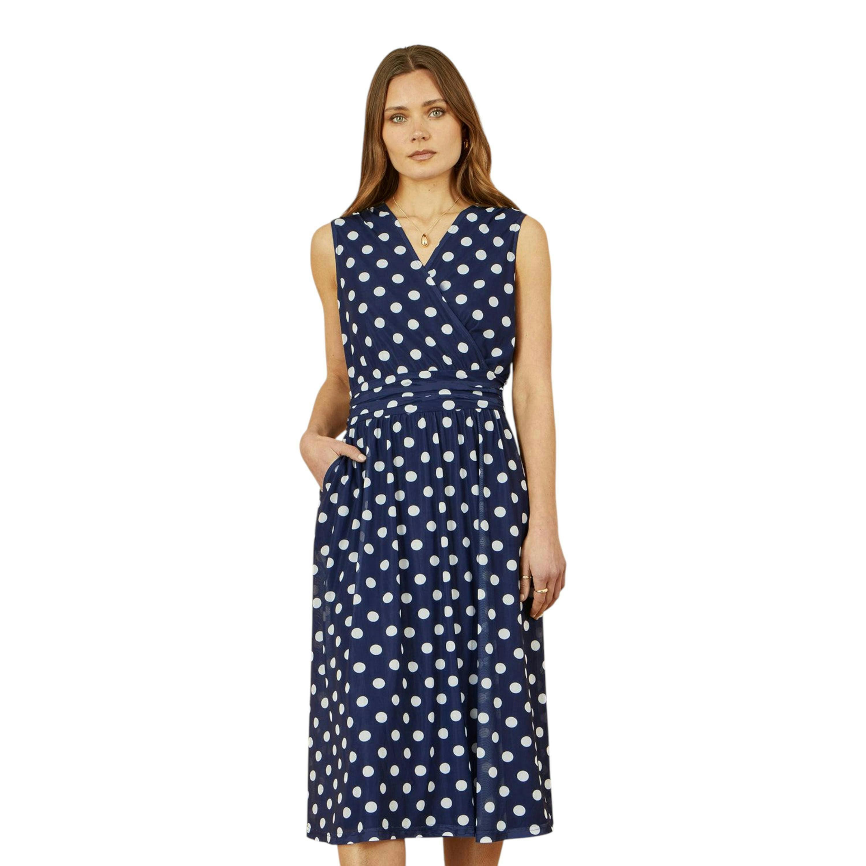Yumi Navy Polka Dot Mesh Wrap Skater Dress With Pockets , view 1 of 5