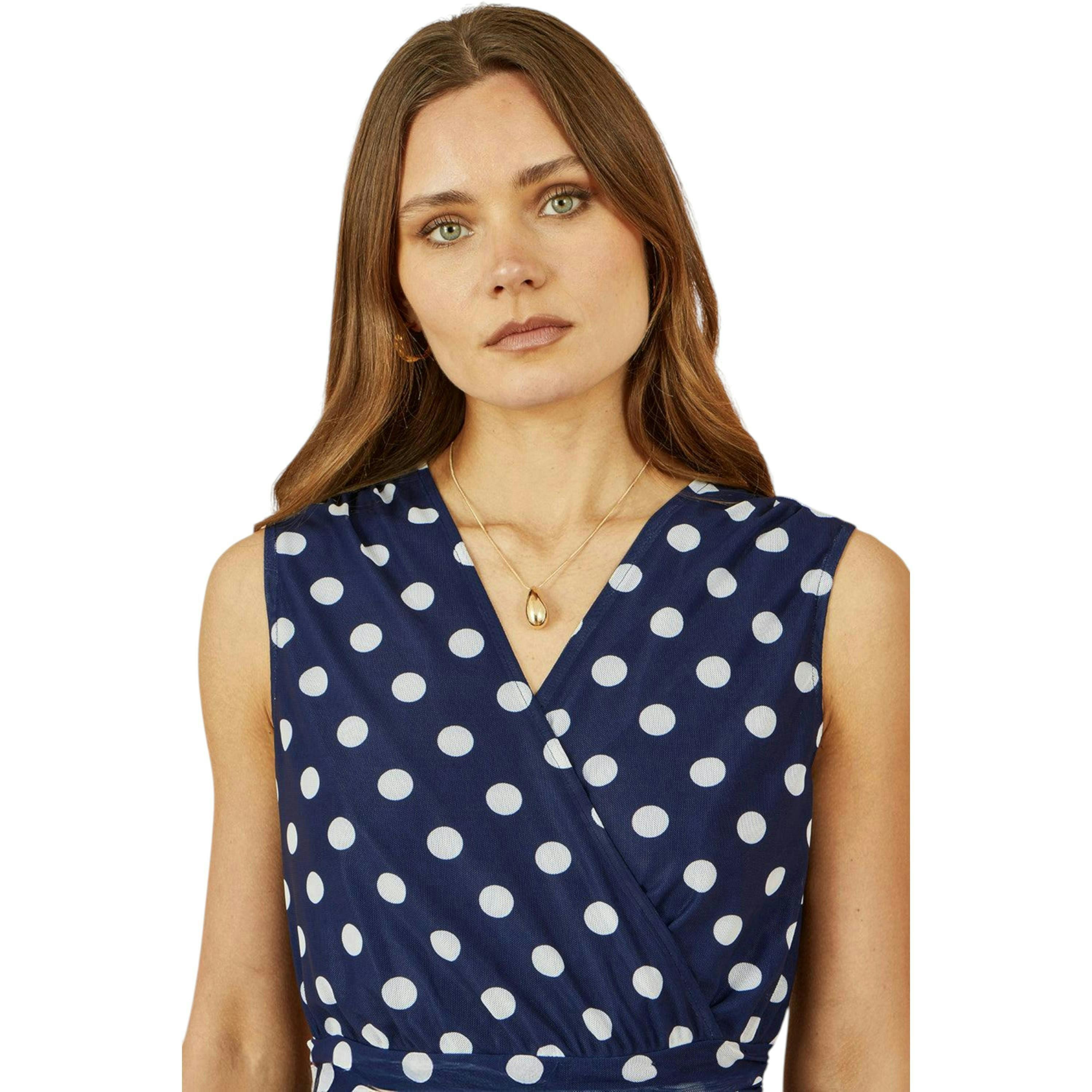 Yumi Navy Polka Dot Mesh Wrap Skater Dress With Pockets , view 2 of 5