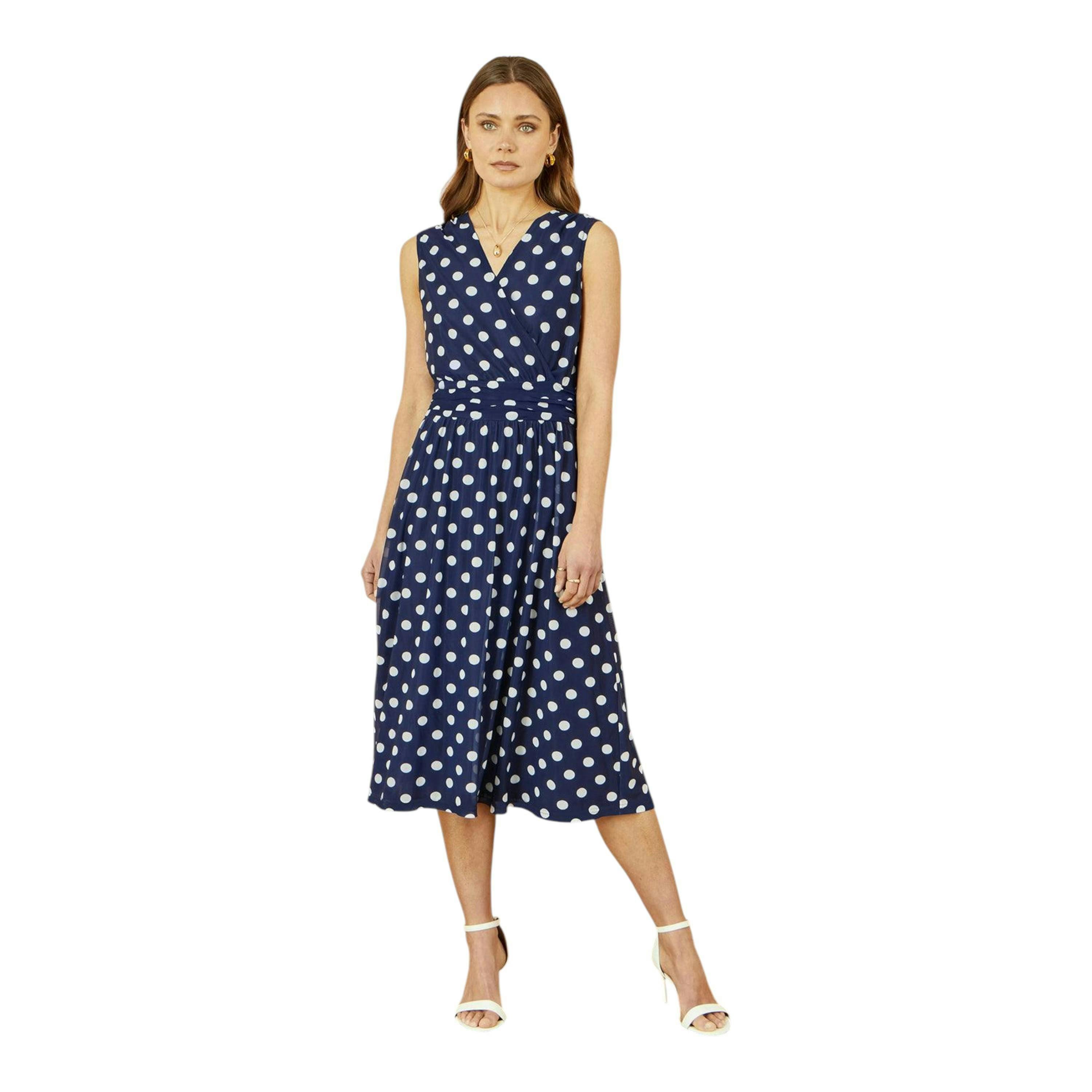Yumi Navy Polka Dot Mesh Wrap Skater Dress With Pockets , view 3 of 5