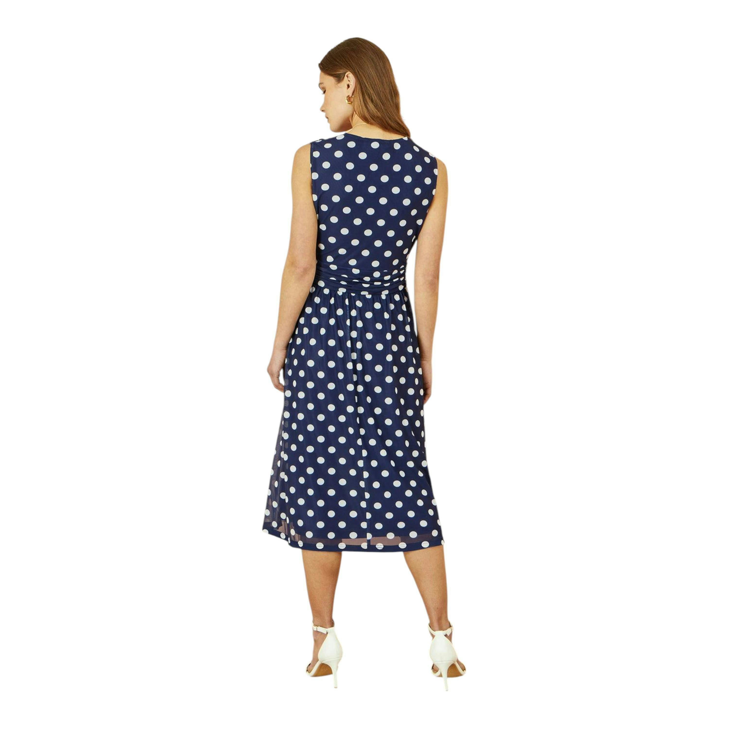 Yumi Navy Polka Dot Mesh Wrap Skater Dress With Pockets , view 4 of 5