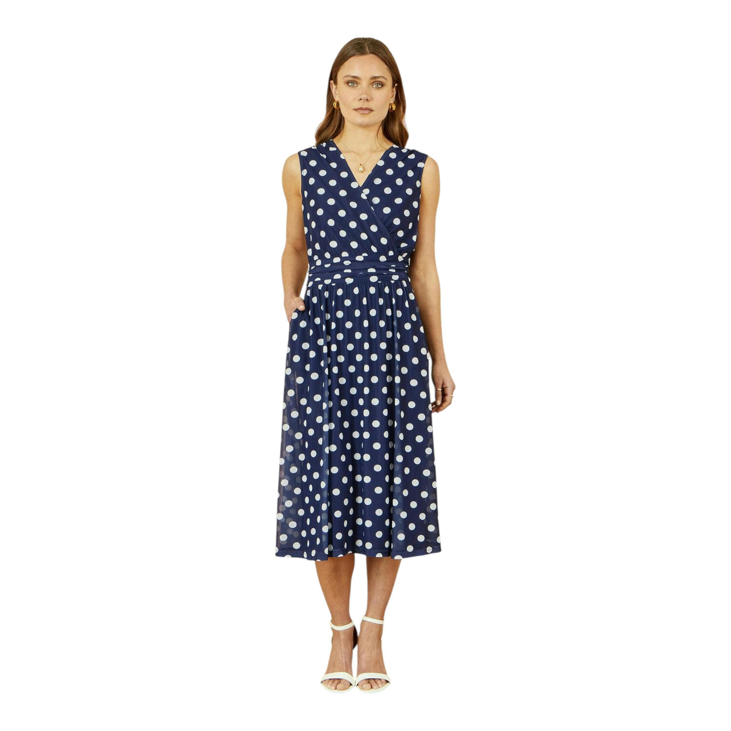 Yumi Navy Polka Dot Mesh Wrap Skater Dress With Pockets , view 5 of 5