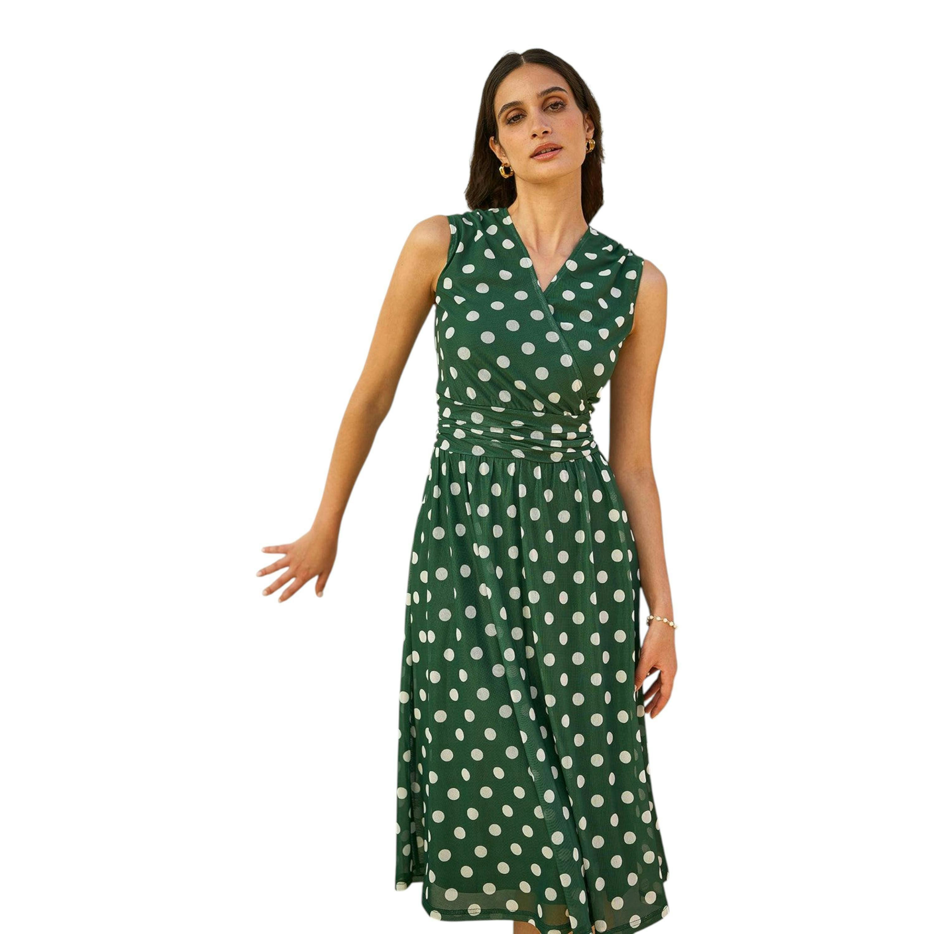 Yumi Green Polka Dot Mesh Wrap Skater Dress With Pockets , view 1 of 5