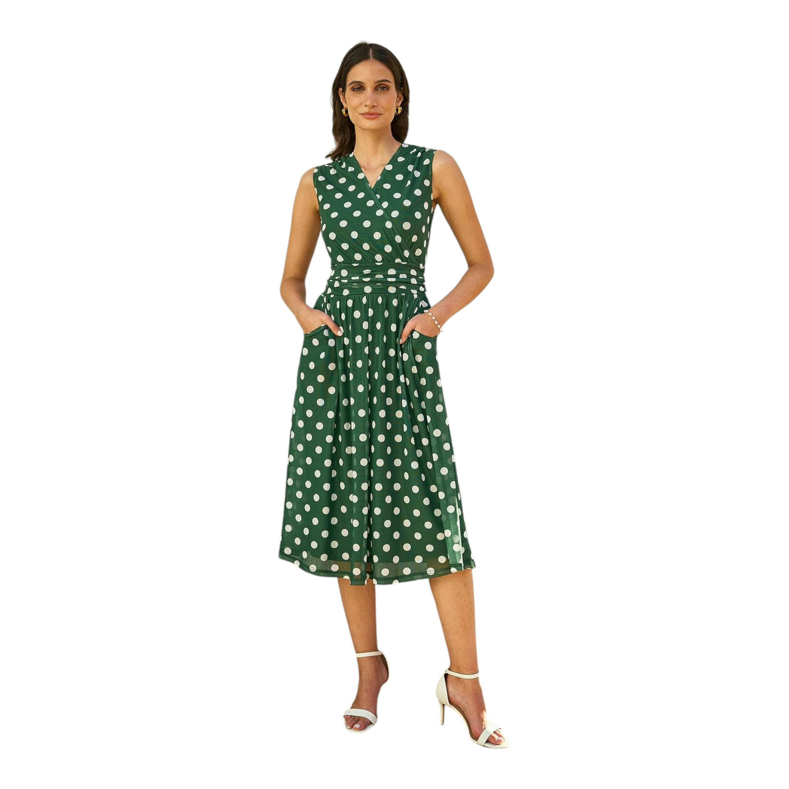 Yumi Green Polka Dot Mesh Wrap Skater Dress With Pockets , view 2 of 5