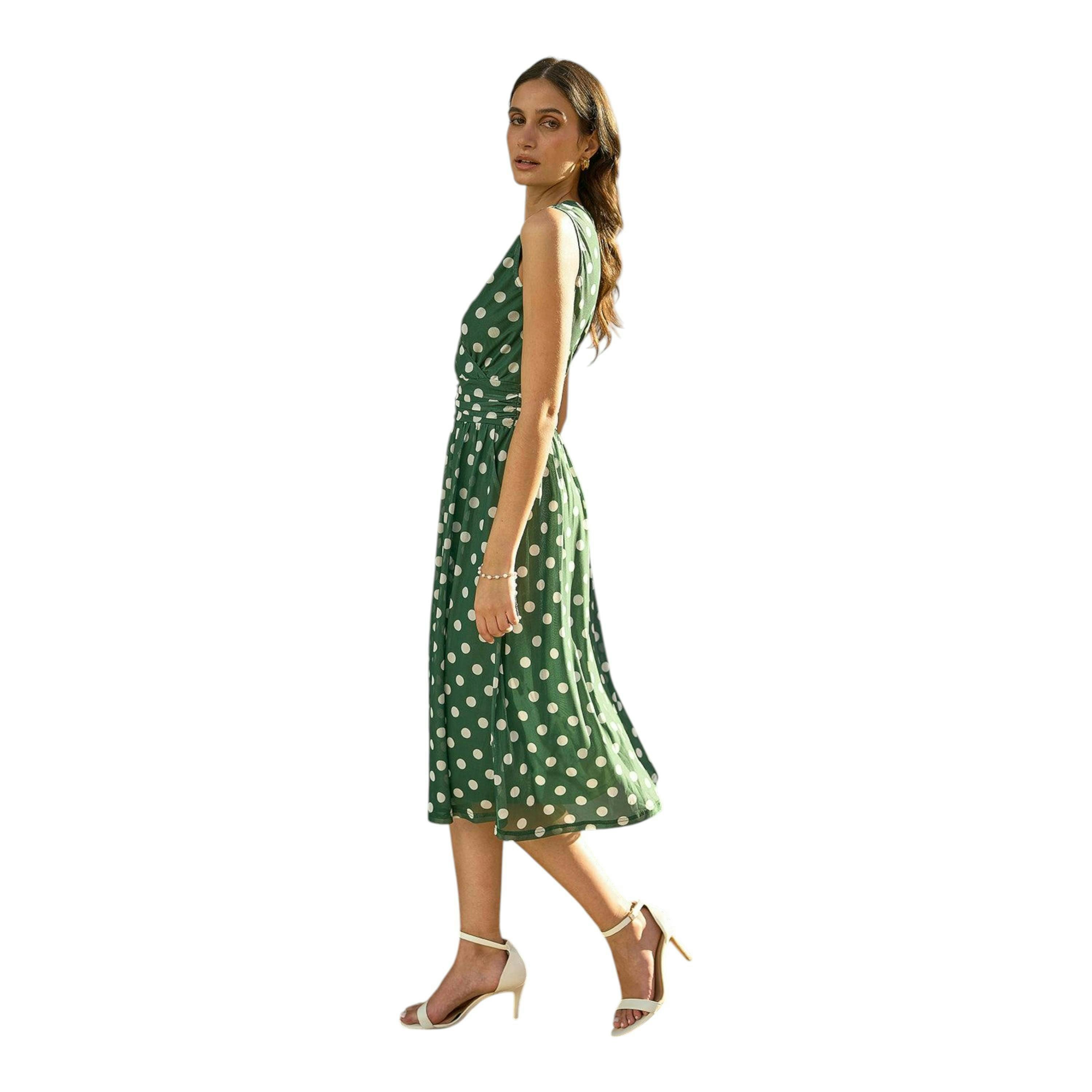 Yumi Green Polka Dot Mesh Wrap Skater Dress With Pockets , view 3 of 5