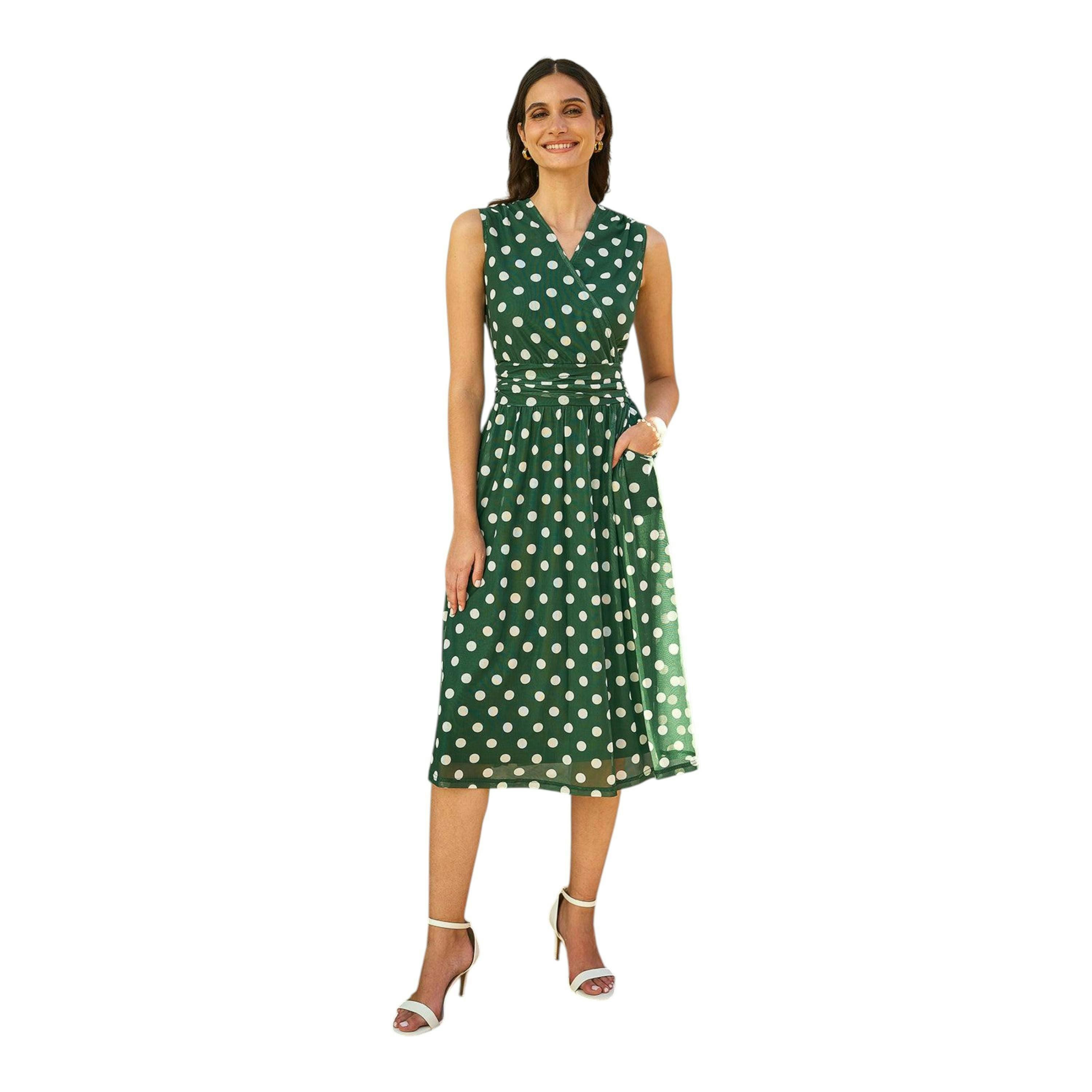 Yumi Green Polka Dot Mesh Wrap Skater Dress With Pockets , view 4 of 5