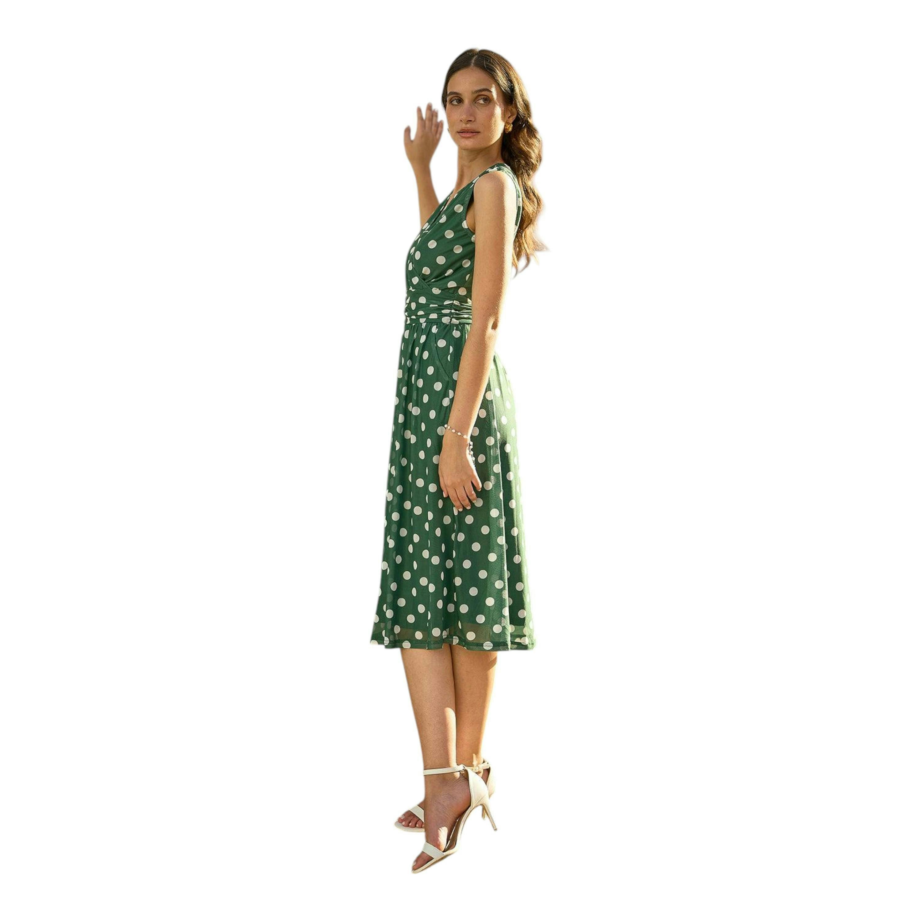 Yumi Green Polka Dot Mesh Wrap Skater Dress With Pockets , view 5 of 5
