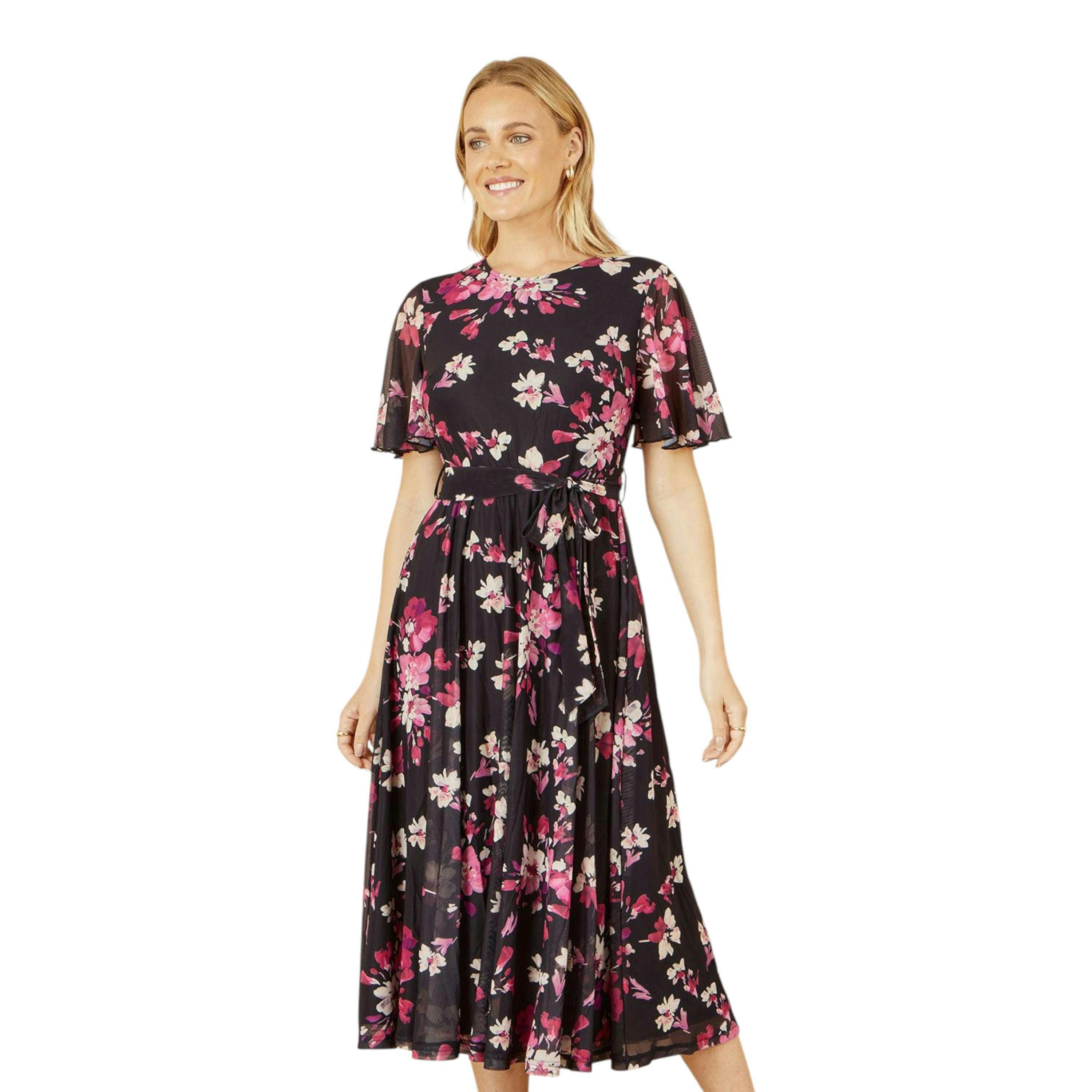 Yumi Black Mesh Skater Floral Midi Dress , view 1 of 6