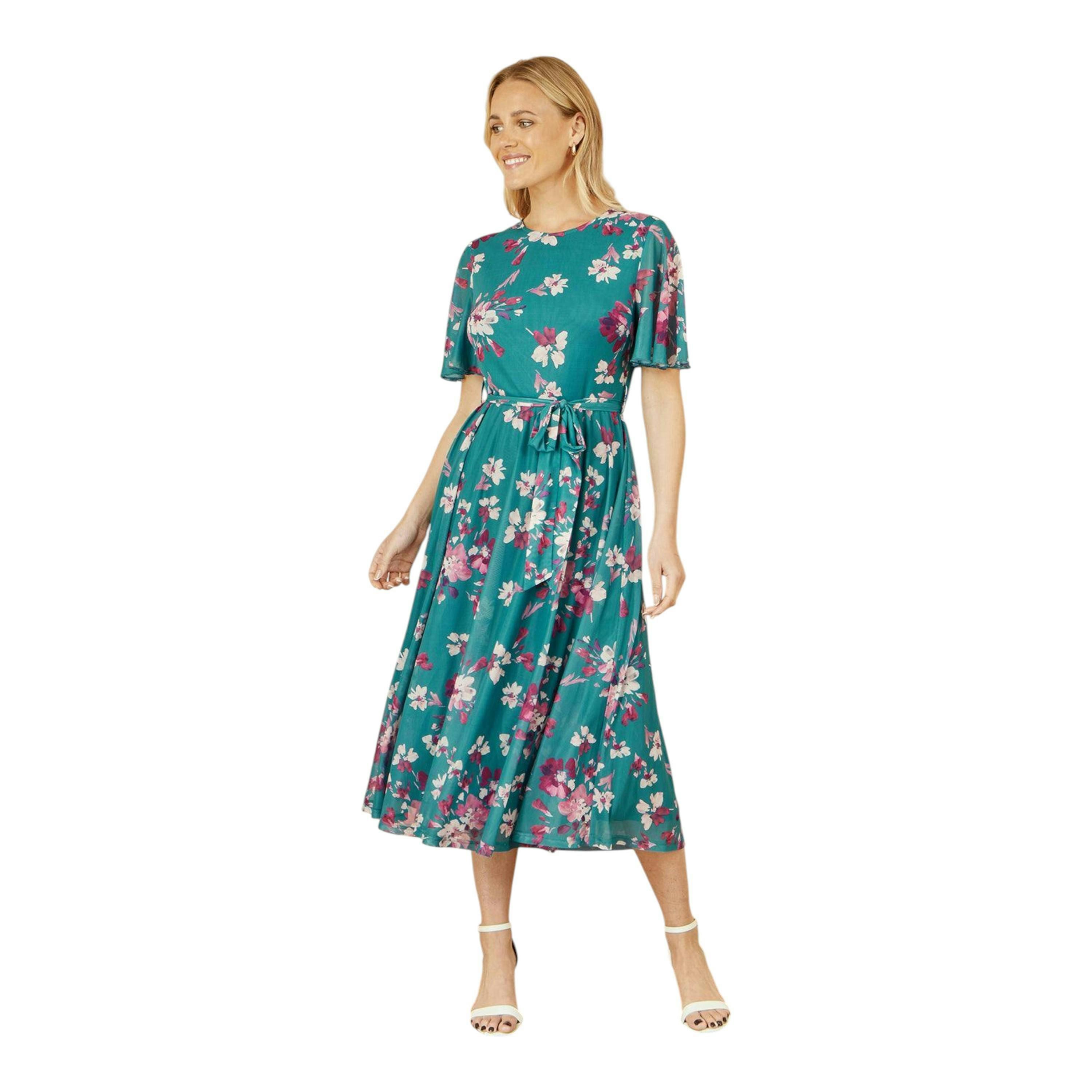 Yumi Teal Mesh Skater Floral Midi Dress , view 1 of 6