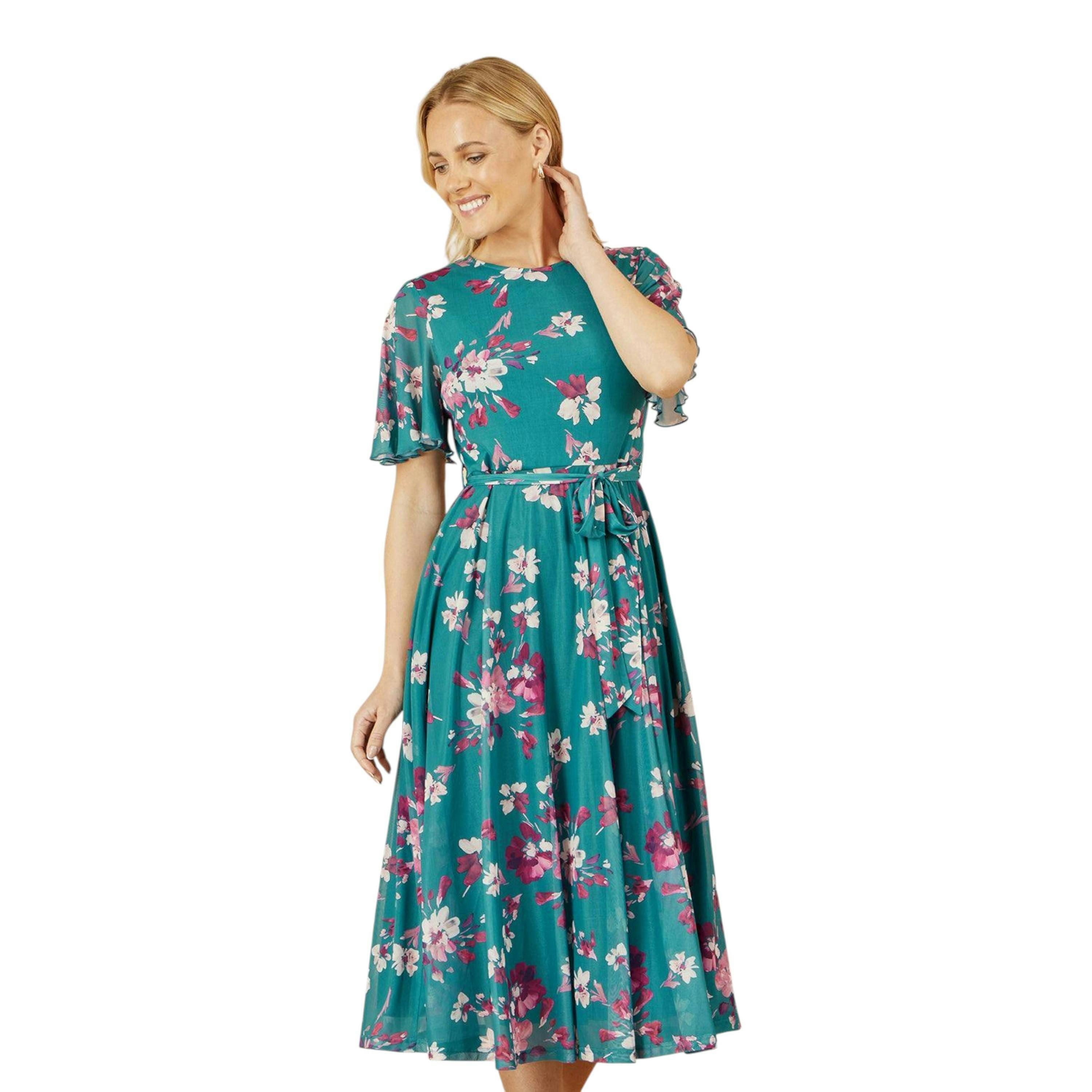 Yumi Teal Mesh Skater Floral Midi Dress , view 3 of 6