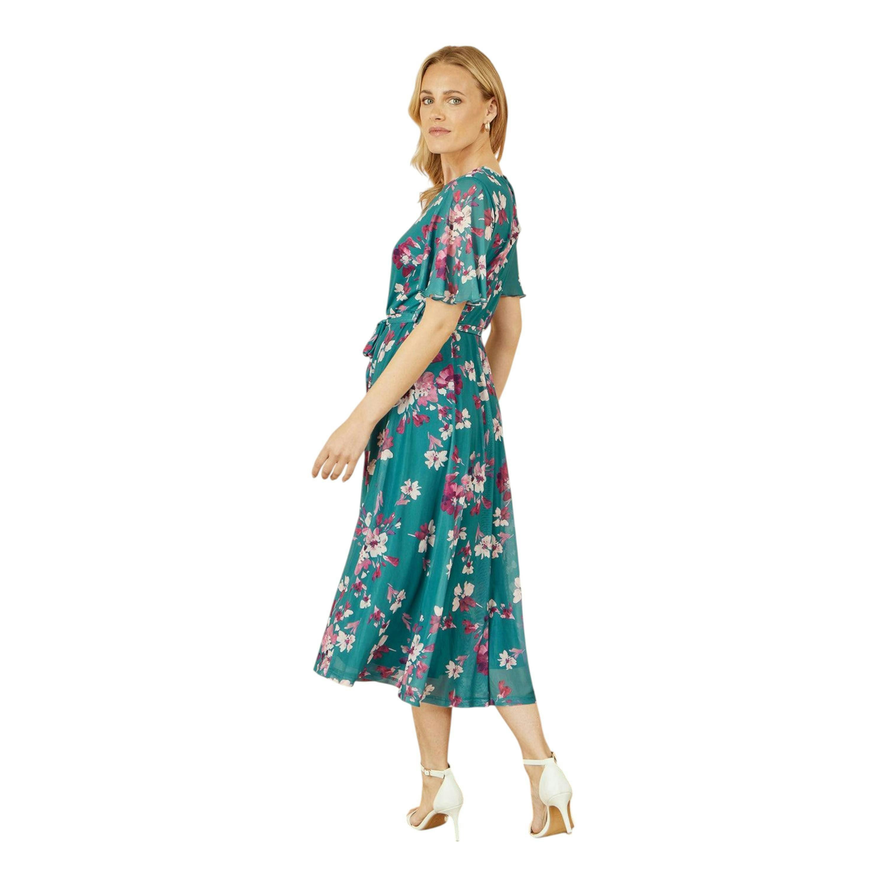 Yumi Teal Mesh Skater Floral Midi Dress , view 4 of 6