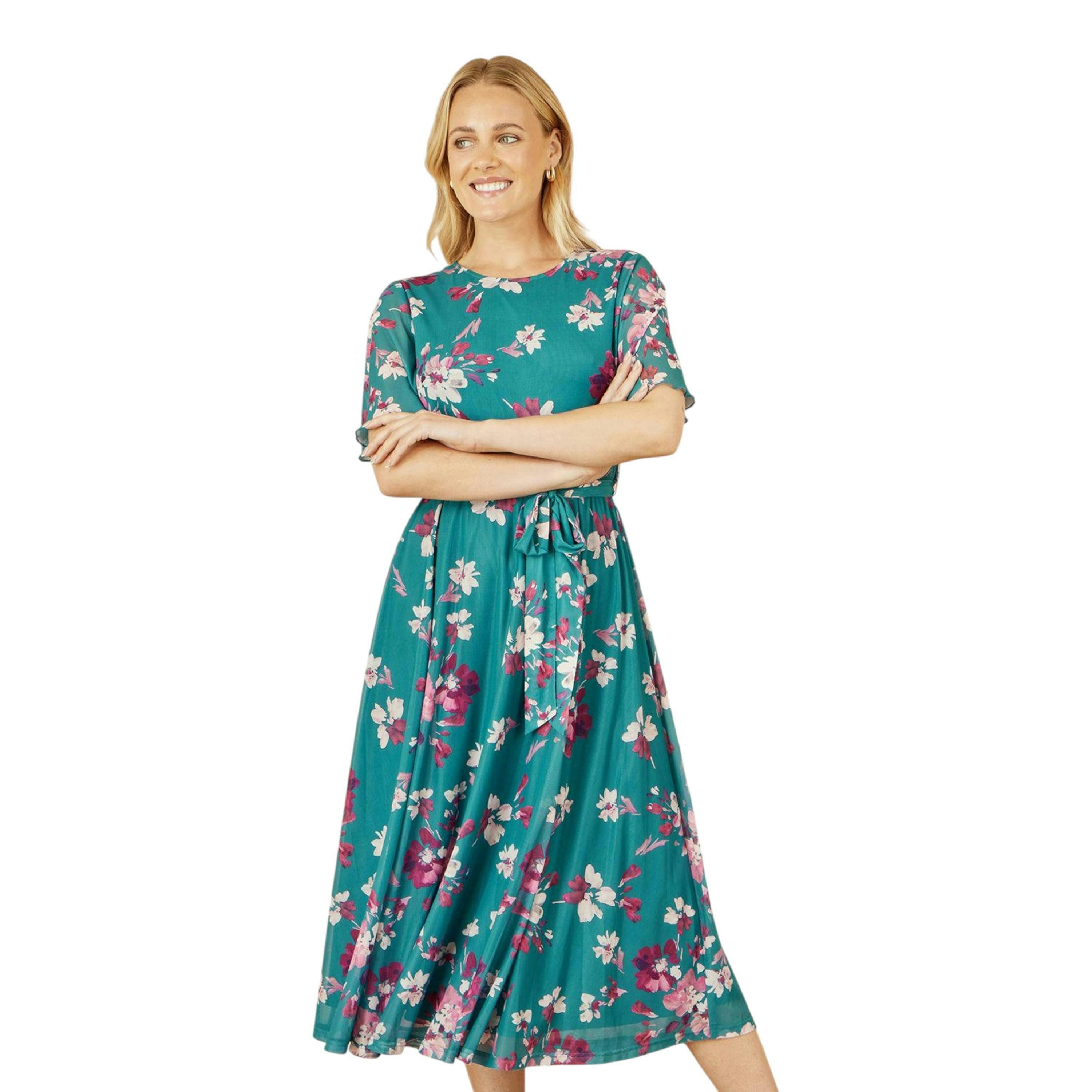 Yumi Teal Mesh Skater Floral Midi Dress , view 5 of 6