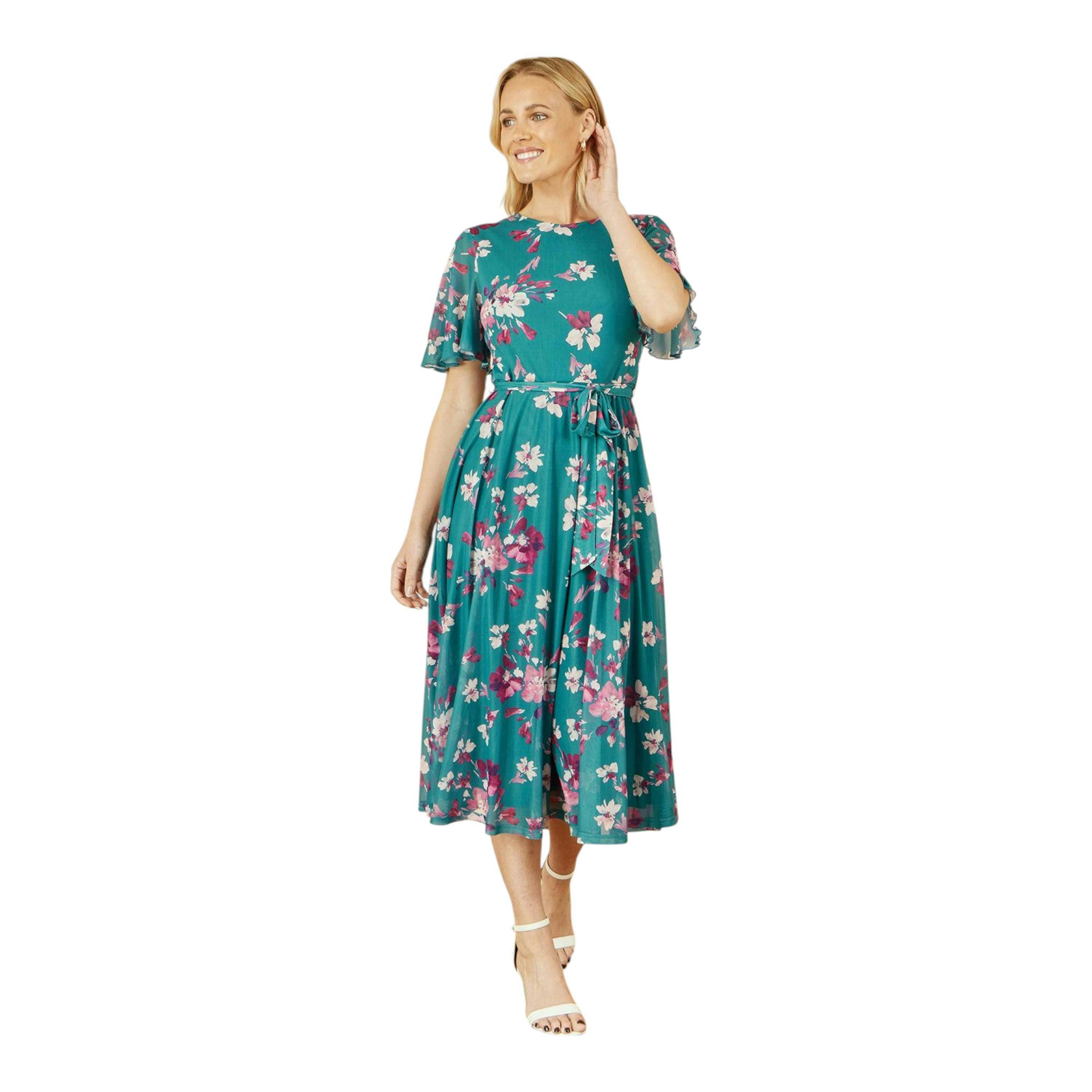 Yumi Teal Mesh Skater Floral Midi Dress , view 6 of 6