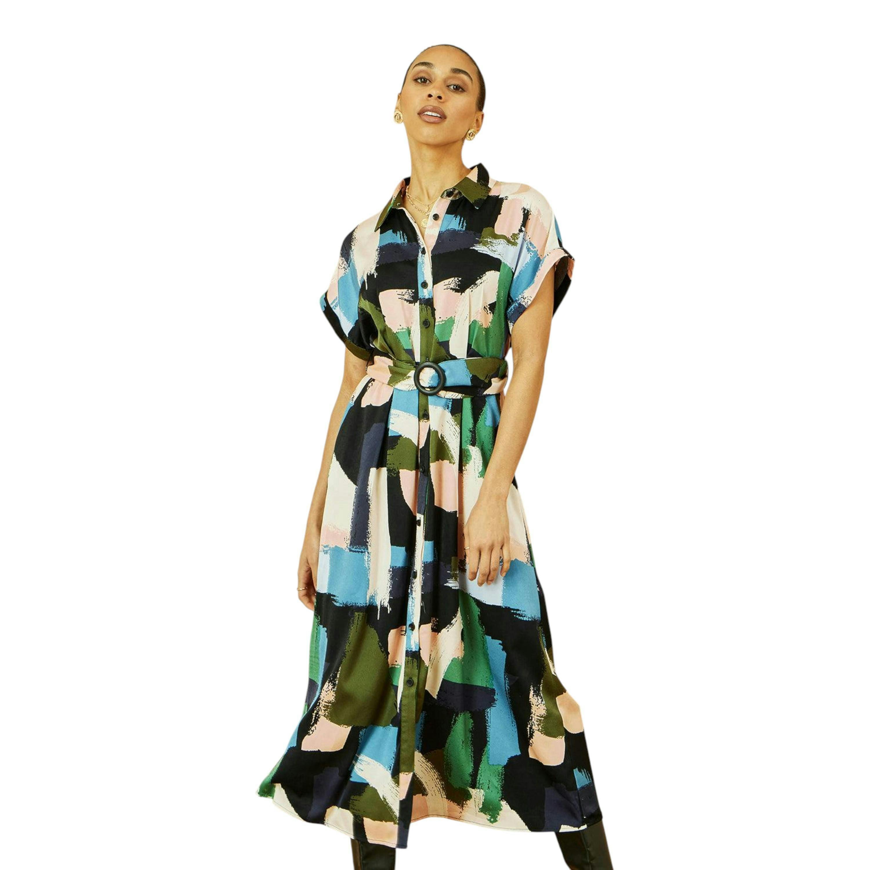 Yumi Blue Brushstroke Print Relaxed Midi shirt Dress , view 1 of 6
