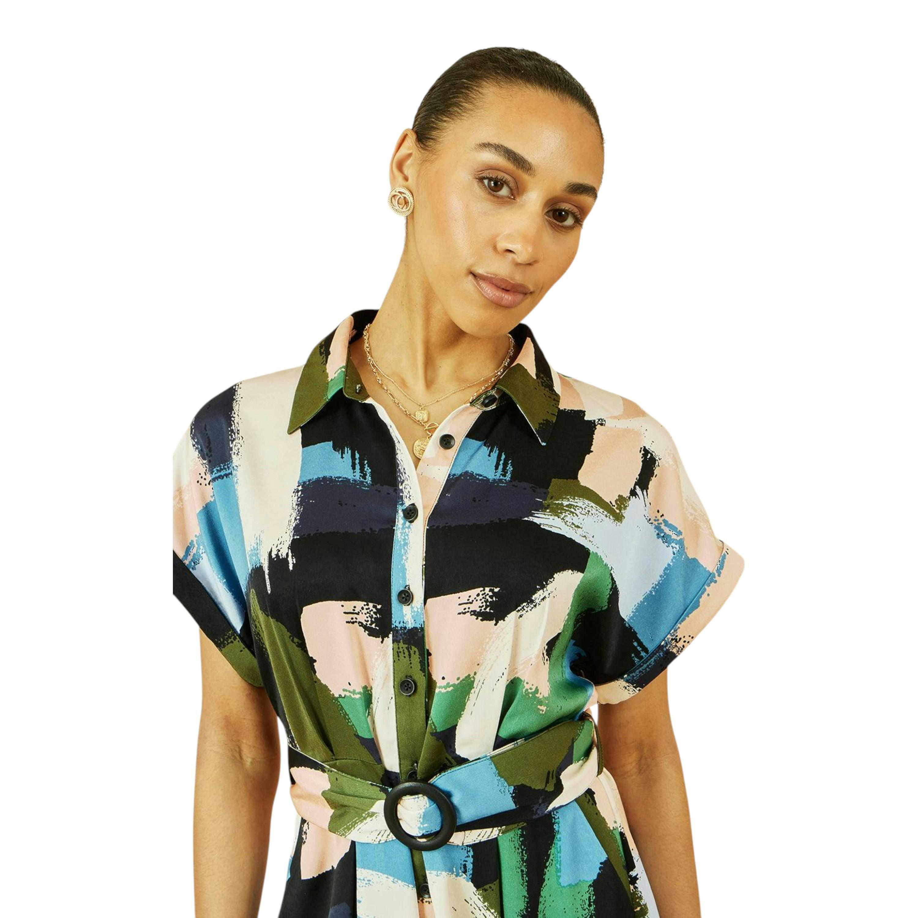 Yumi Blue Brushstroke Print Relaxed Midi shirt Dress , view 2 of 6