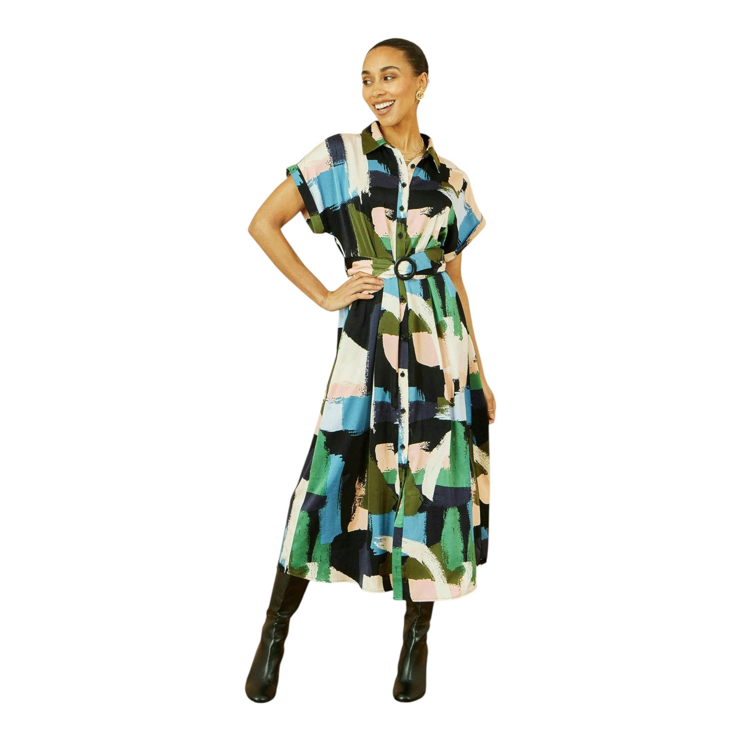 Yumi Blue Brushstroke Print Relaxed Midi shirt Dress , view 3 of 6
