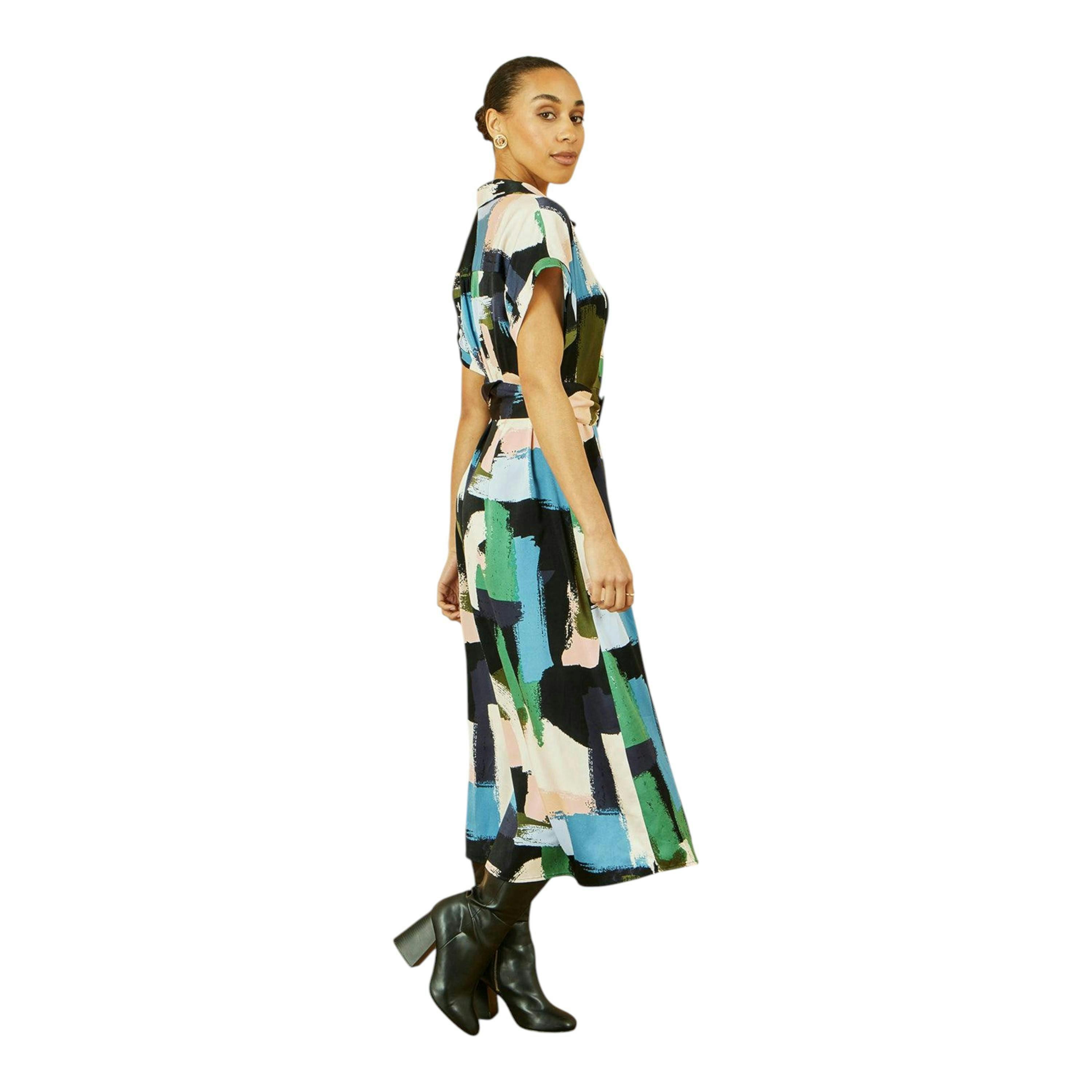 Yumi Blue Brushstroke Print Relaxed Midi shirt Dress , view 4 of 6