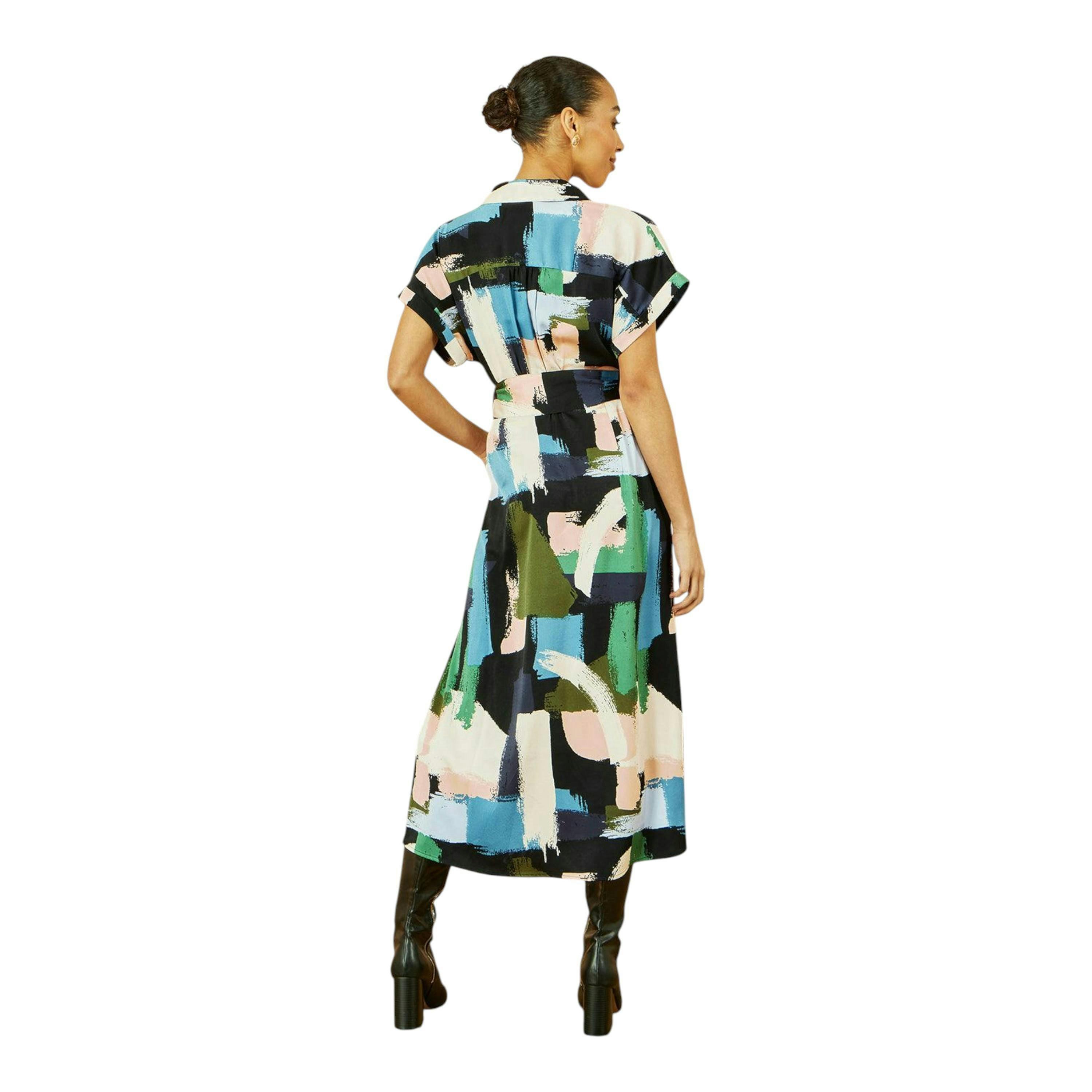 Yumi Blue Brushstroke Print Relaxed Midi shirt Dress , view 5 of 6