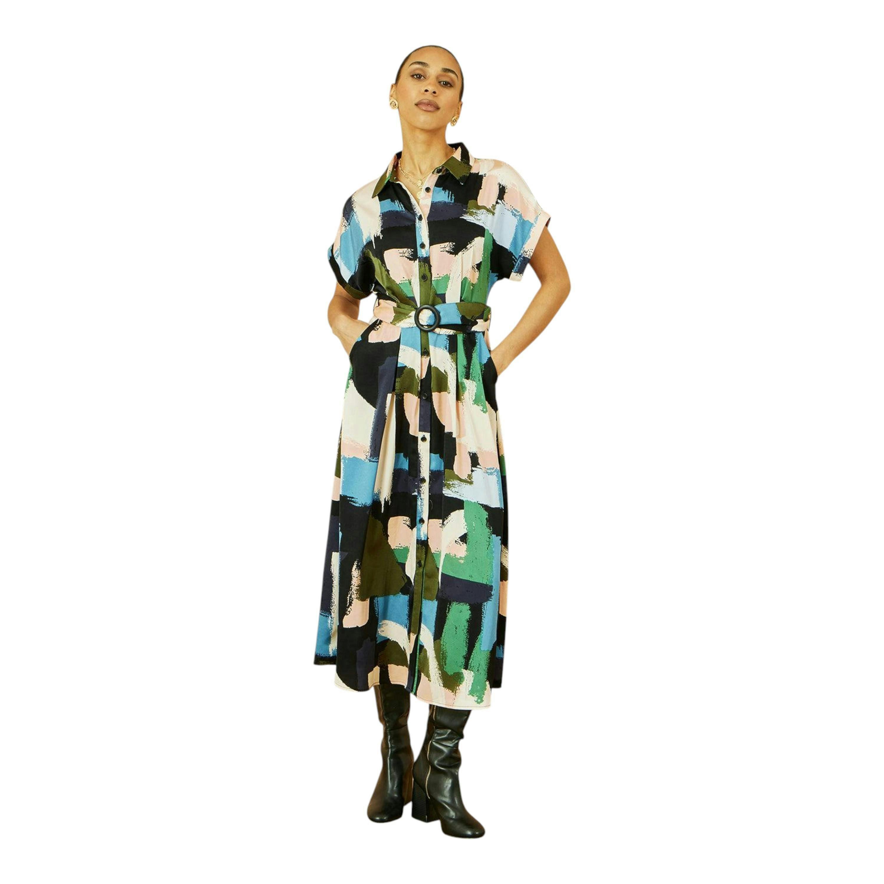 Yumi Blue Brushstroke Print Relaxed Midi shirt Dress , view 6 of 6