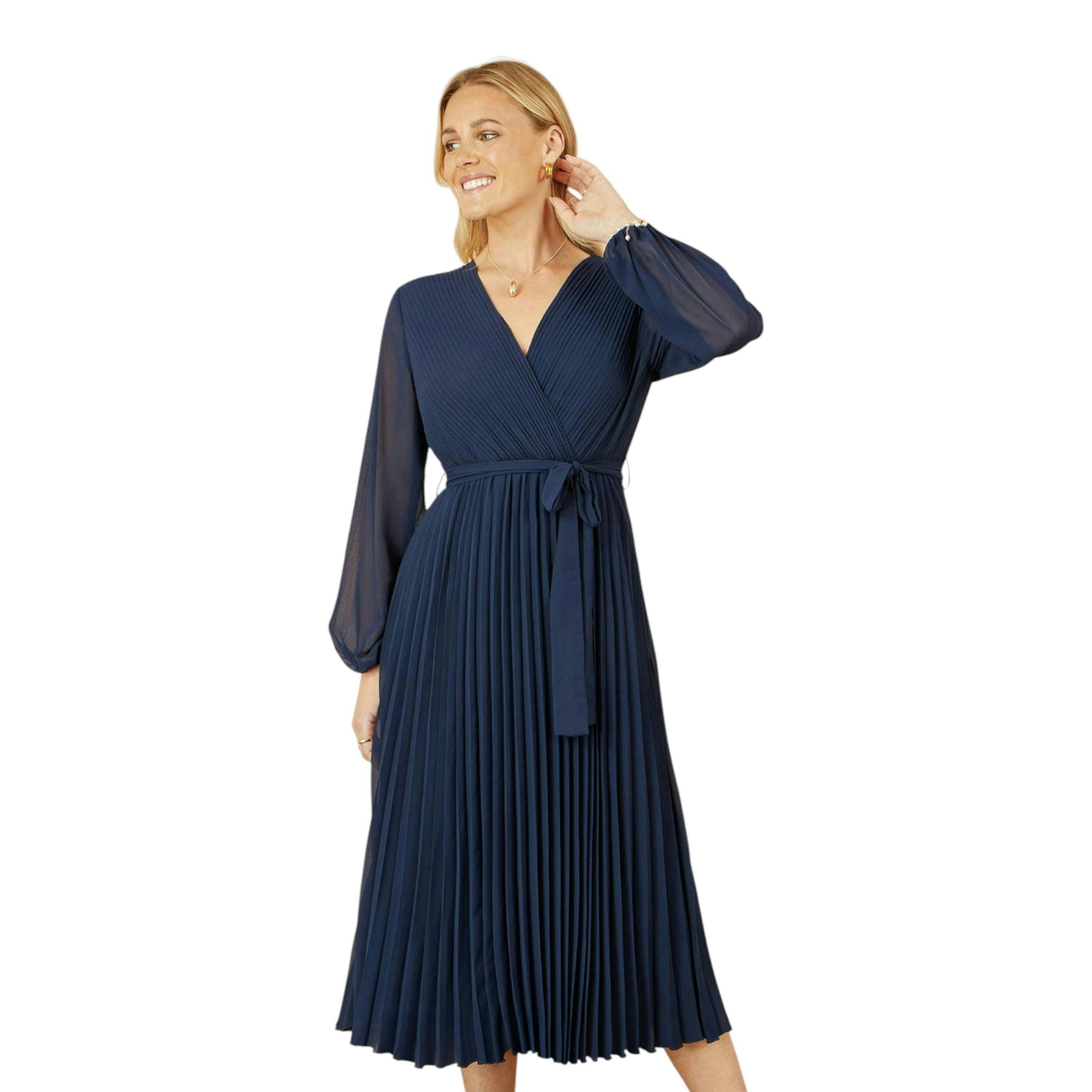 Yumi Navy Pleated Wrap Midi Dress With Sheer Long Sleeves , view 1 of 6