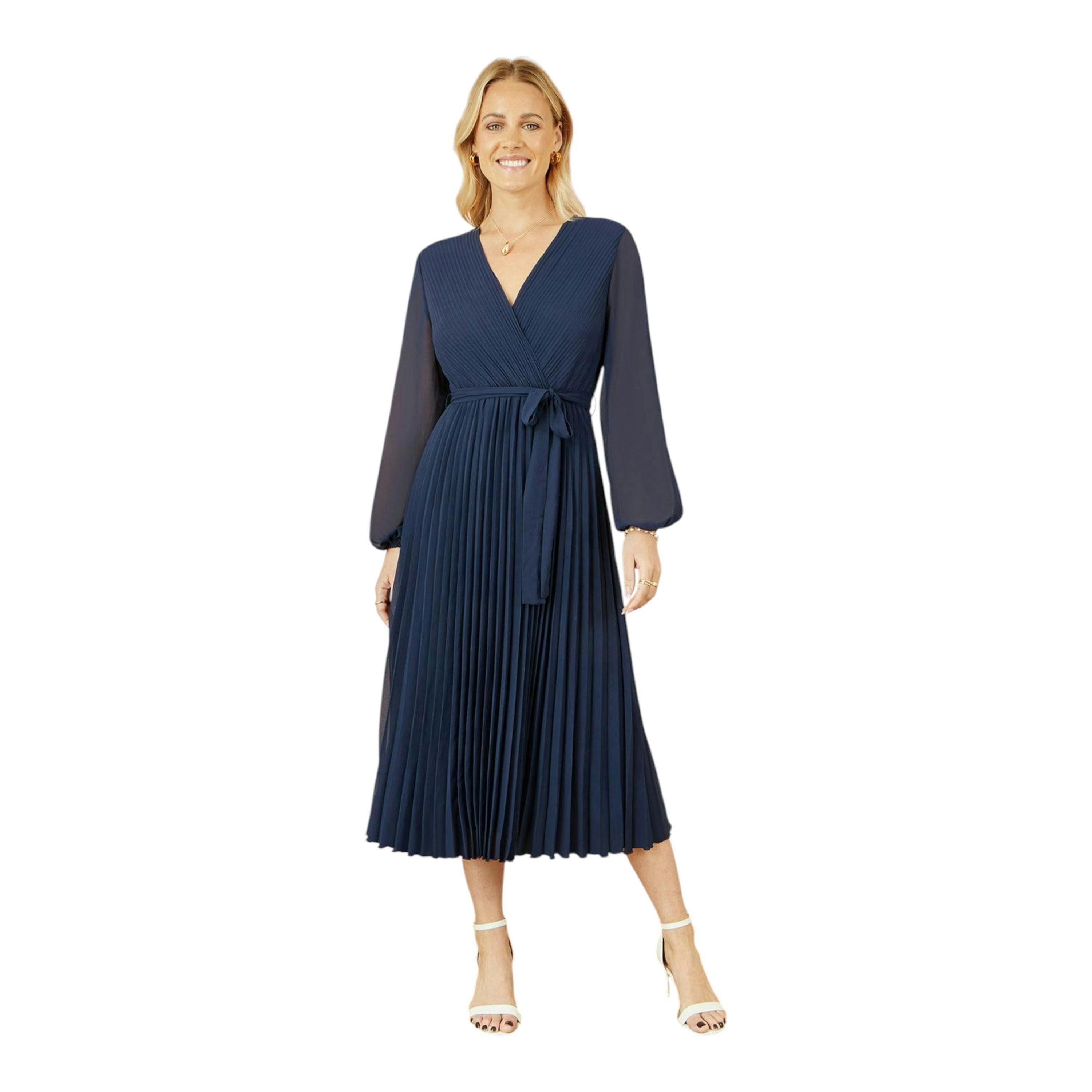 Yumi Navy Pleated Wrap Midi Dress With Sheer Long Sleeves , view 3 of 6