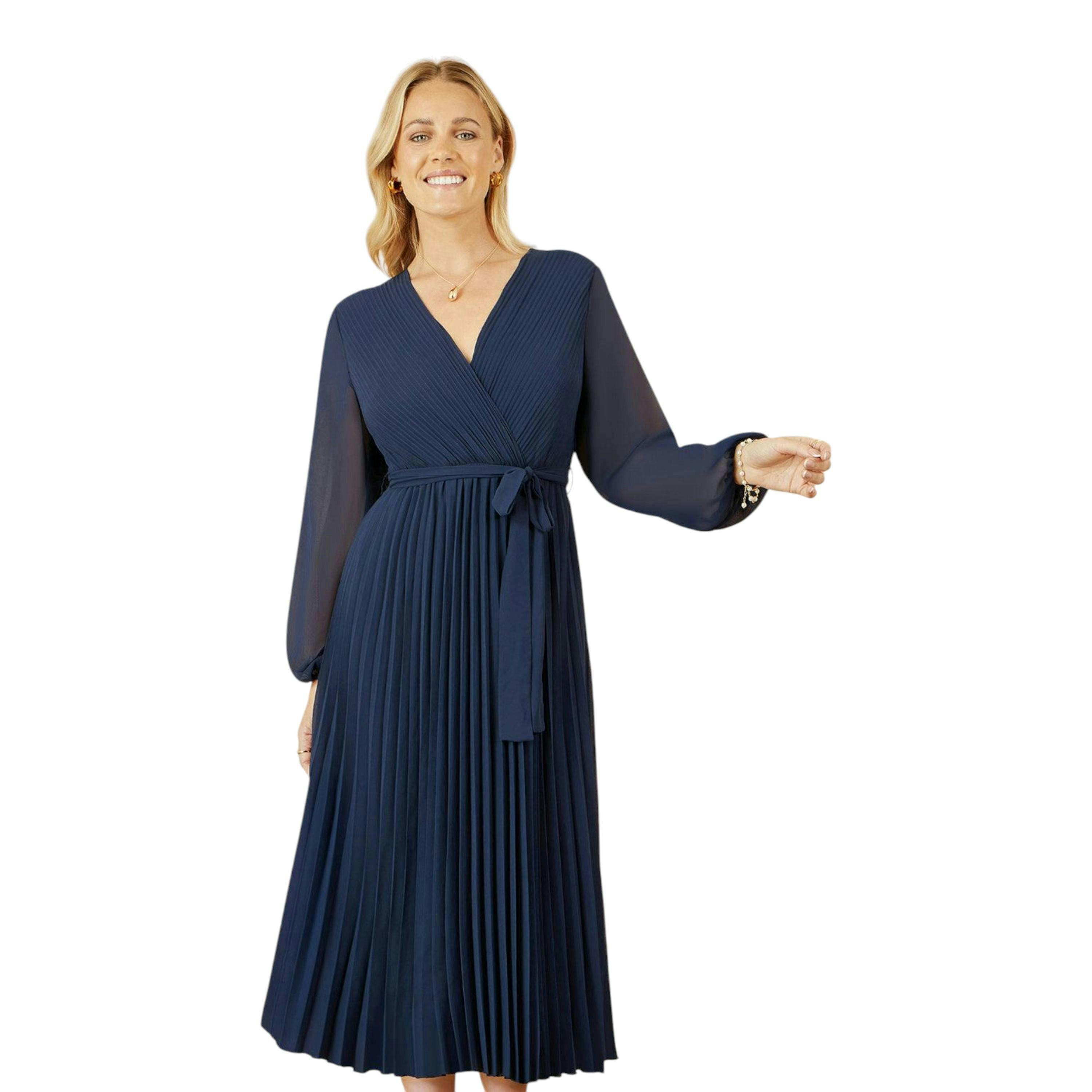 Yumi Navy Pleated Wrap Midi Dress With Sheer Long Sleeves , view 4 of 6