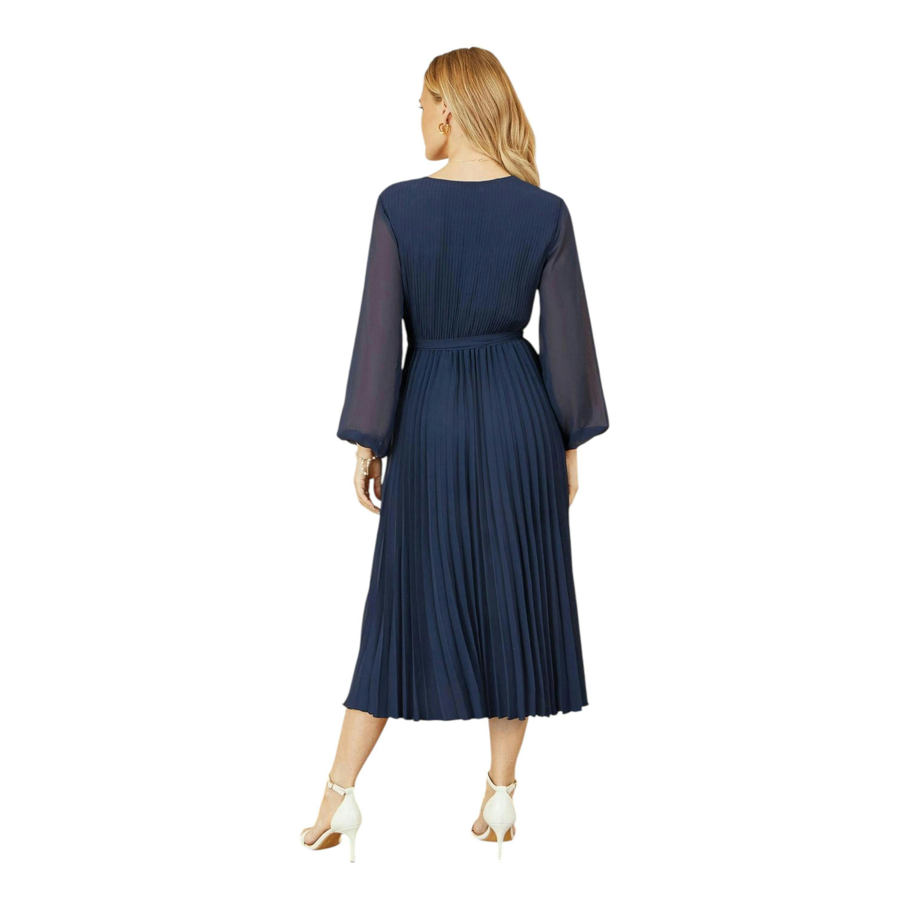 Yumi Navy Pleated Wrap Midi Dress With Sheer Long Sleeves , view 5 of 6