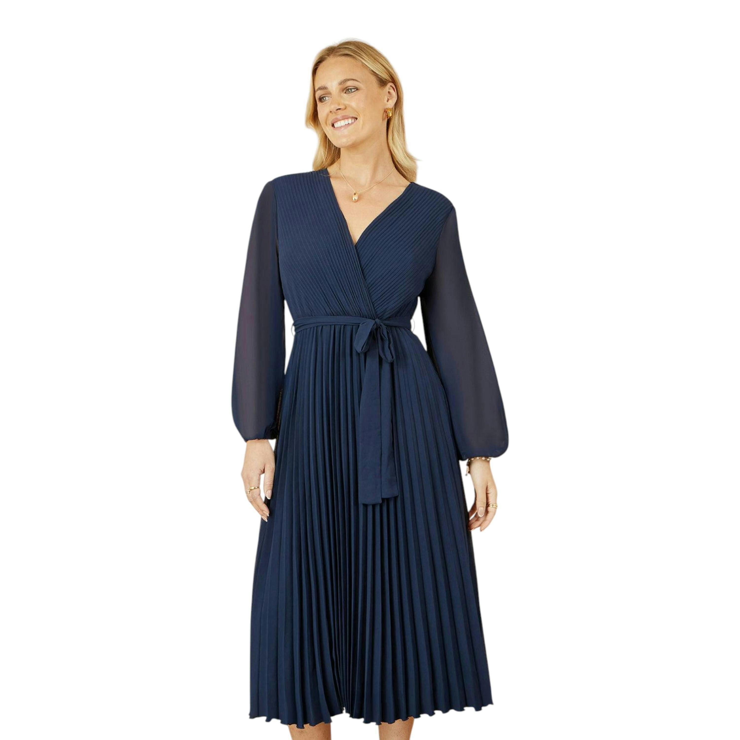 Yumi Navy Pleated Wrap Midi Dress With Sheer Long Sleeves , view 6 of 6