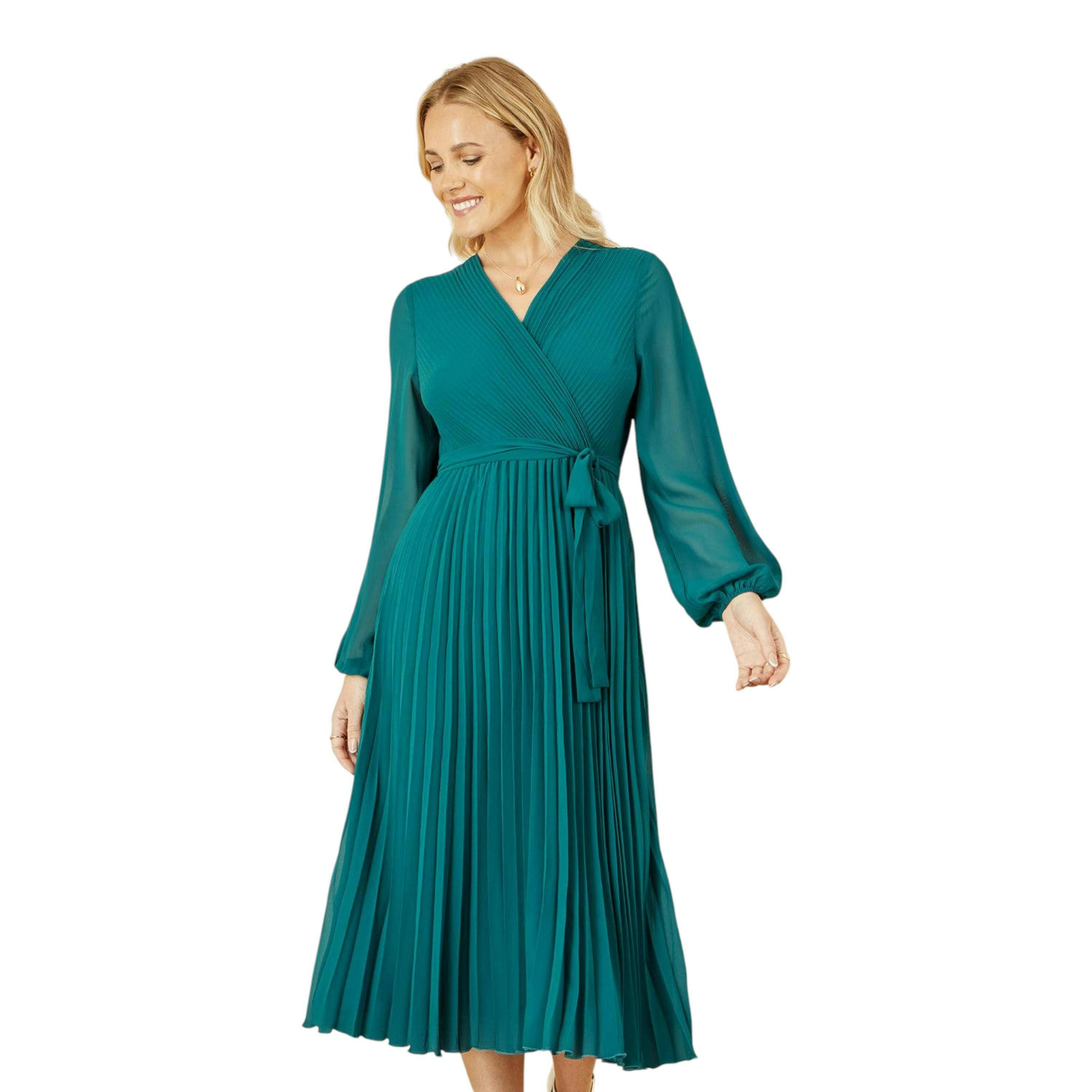 Yumi Teal Pleated Wrap Midi Dress With Sheer Long Sleeves , view 1 of 5