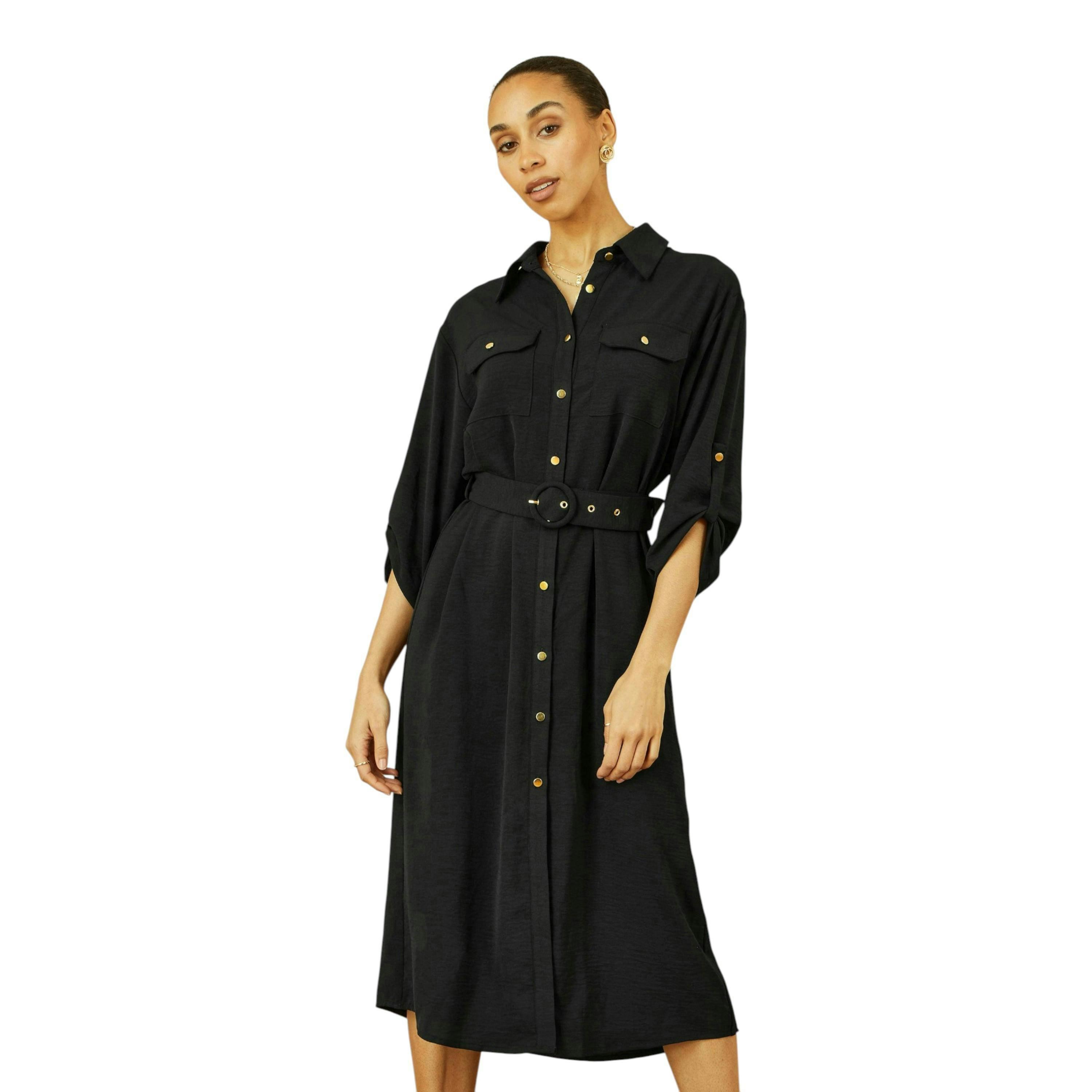 Yumi Black Stretch Midi Shirt Dress , view 1 of 5