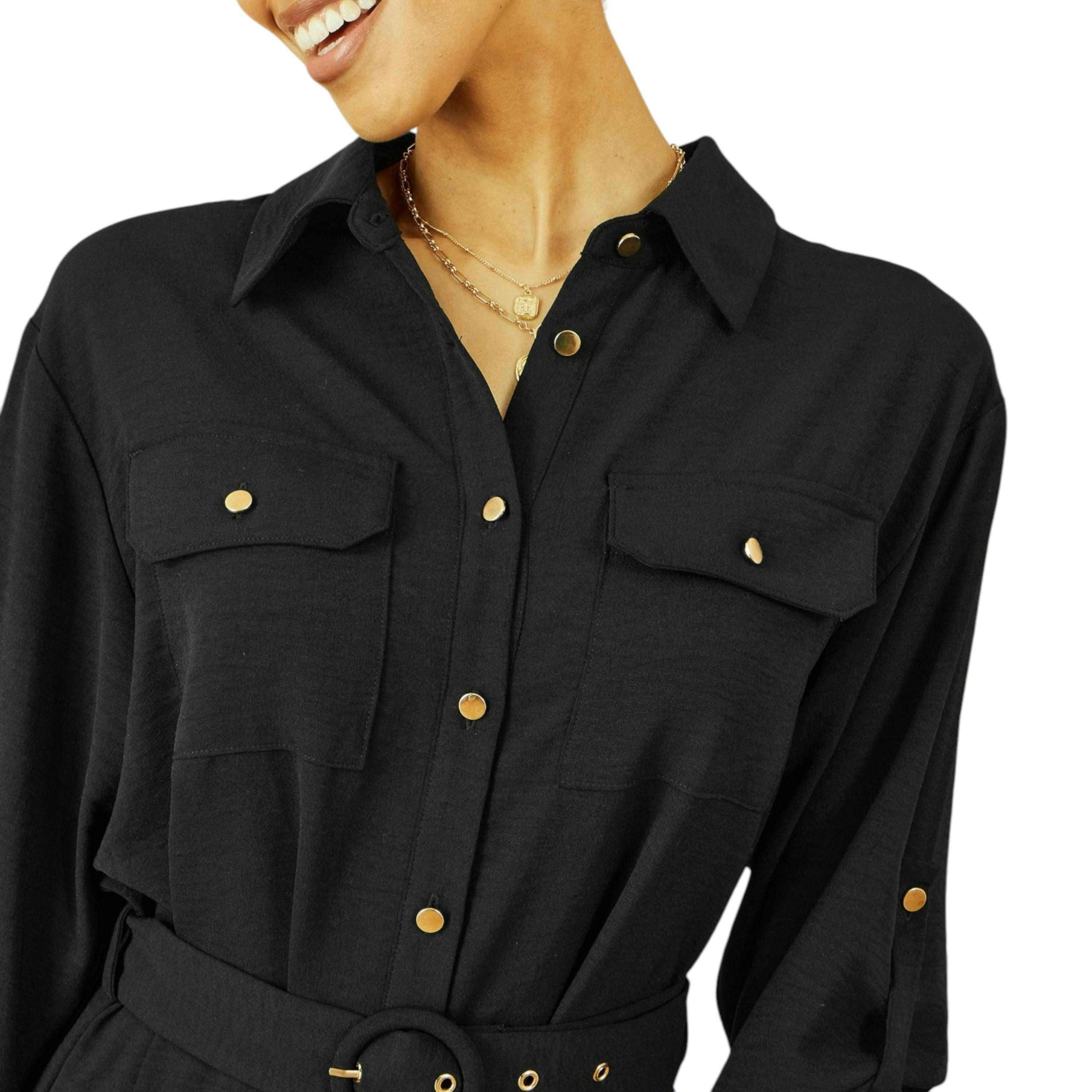 Yumi Black Stretch Midi Shirt Dress , view 2 of 5