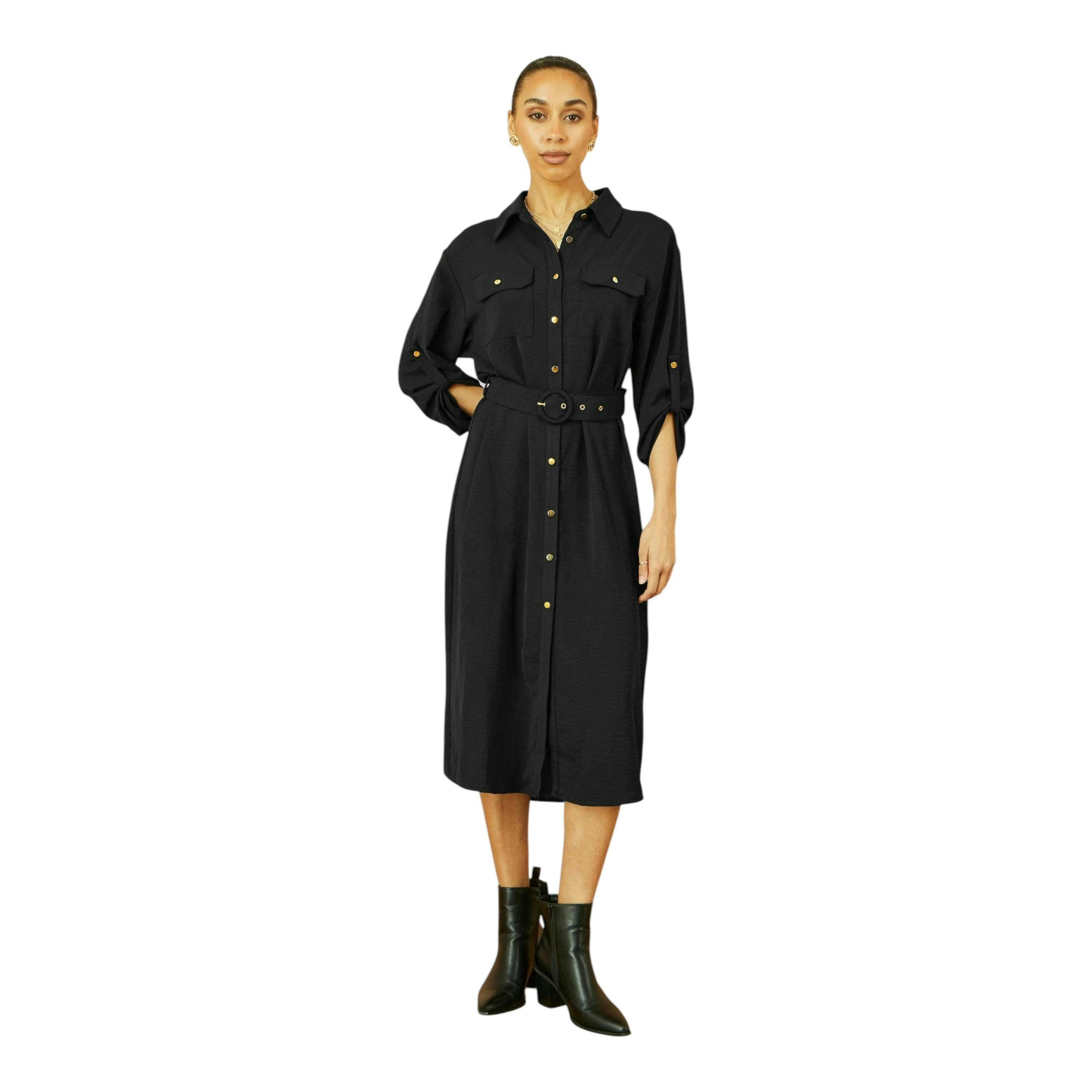 Yumi Black Stretch Midi Shirt Dress , view 3 of 5