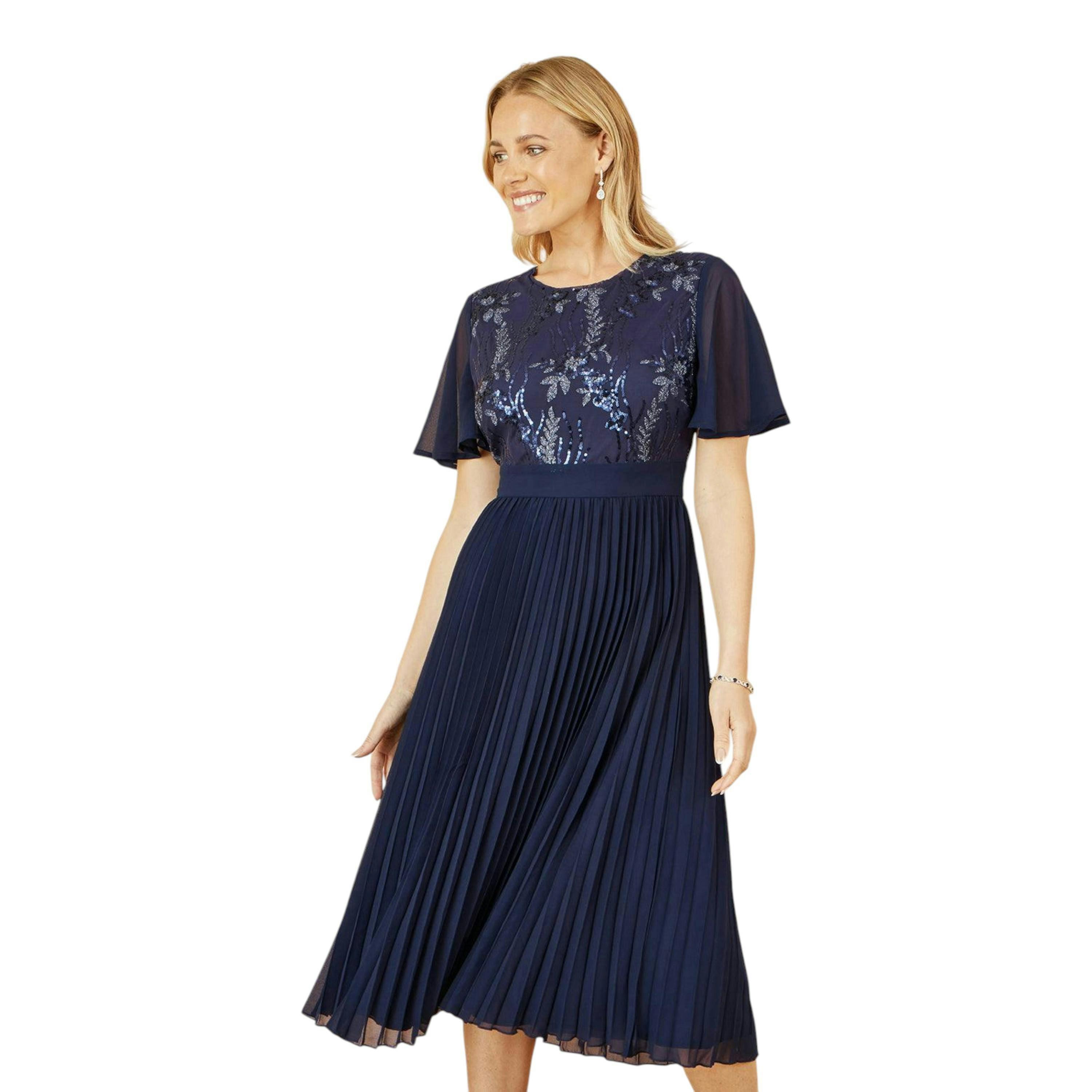 Yumi Navy Sequin Embellished Panel Pleated Midi Dress , view 1 of 6