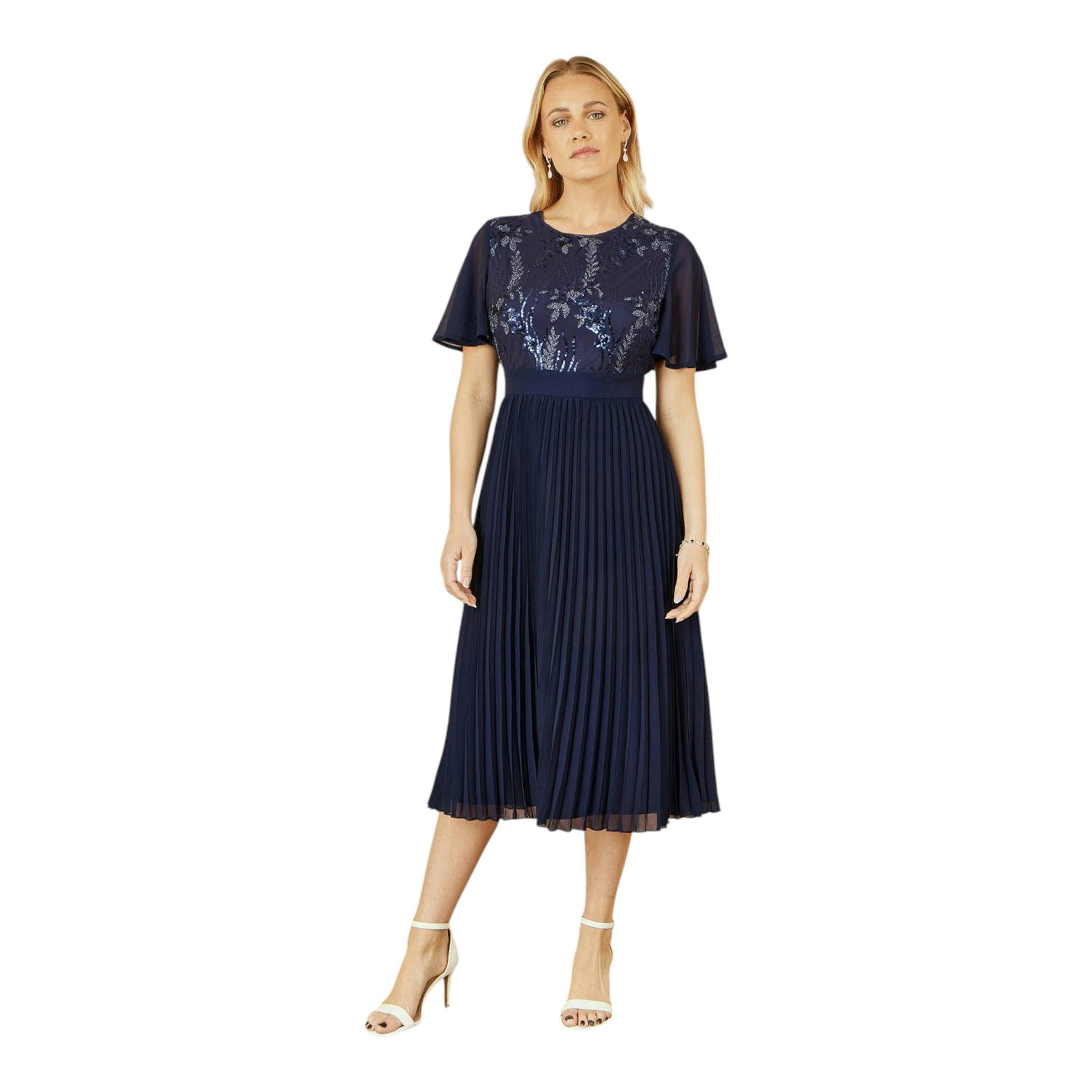 Yumi Navy Sequin Embellished Panel Pleated Midi Dress , view 3 of 6
