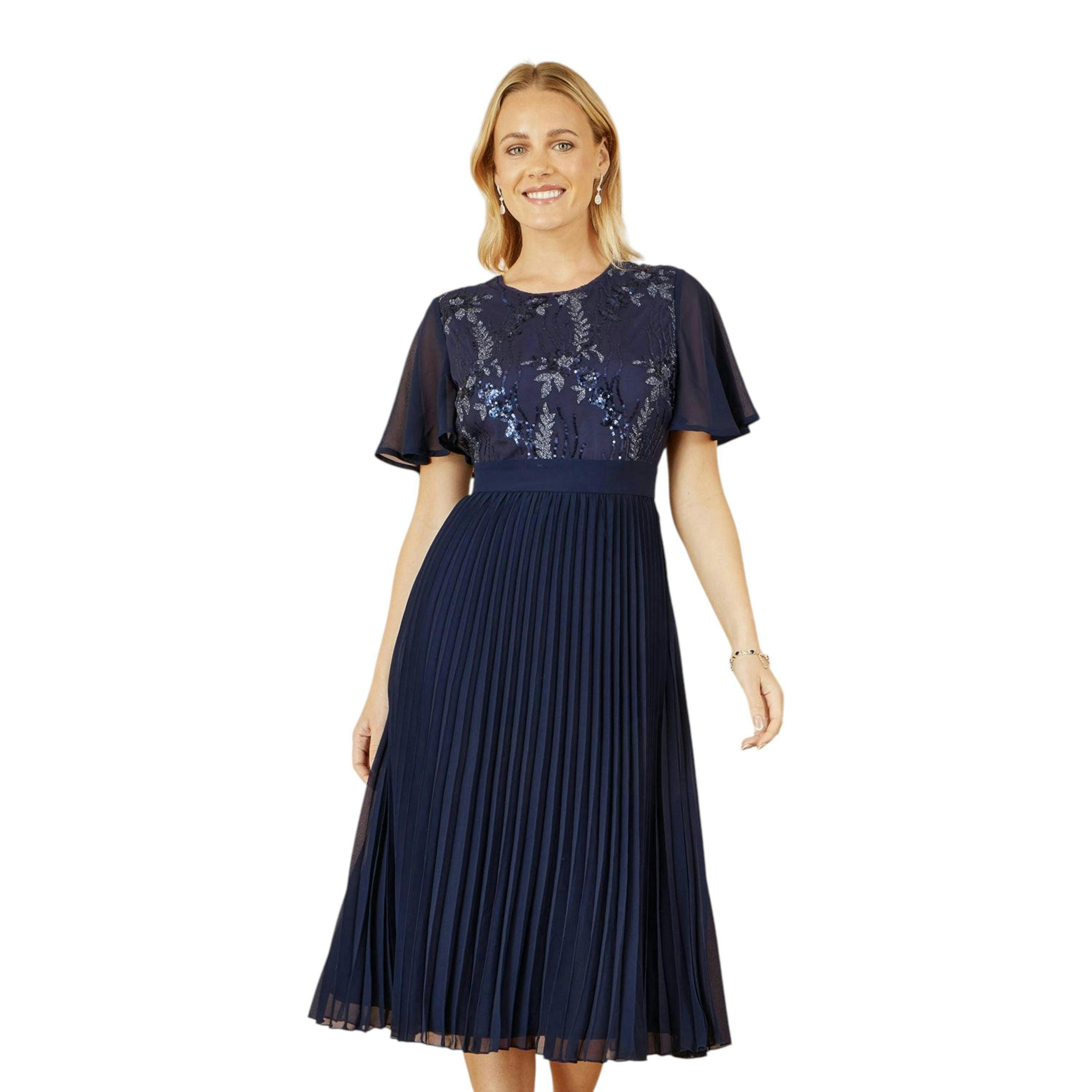 Yumi Navy Sequin Embellished Panel Pleated Midi Dress , view 4 of 6