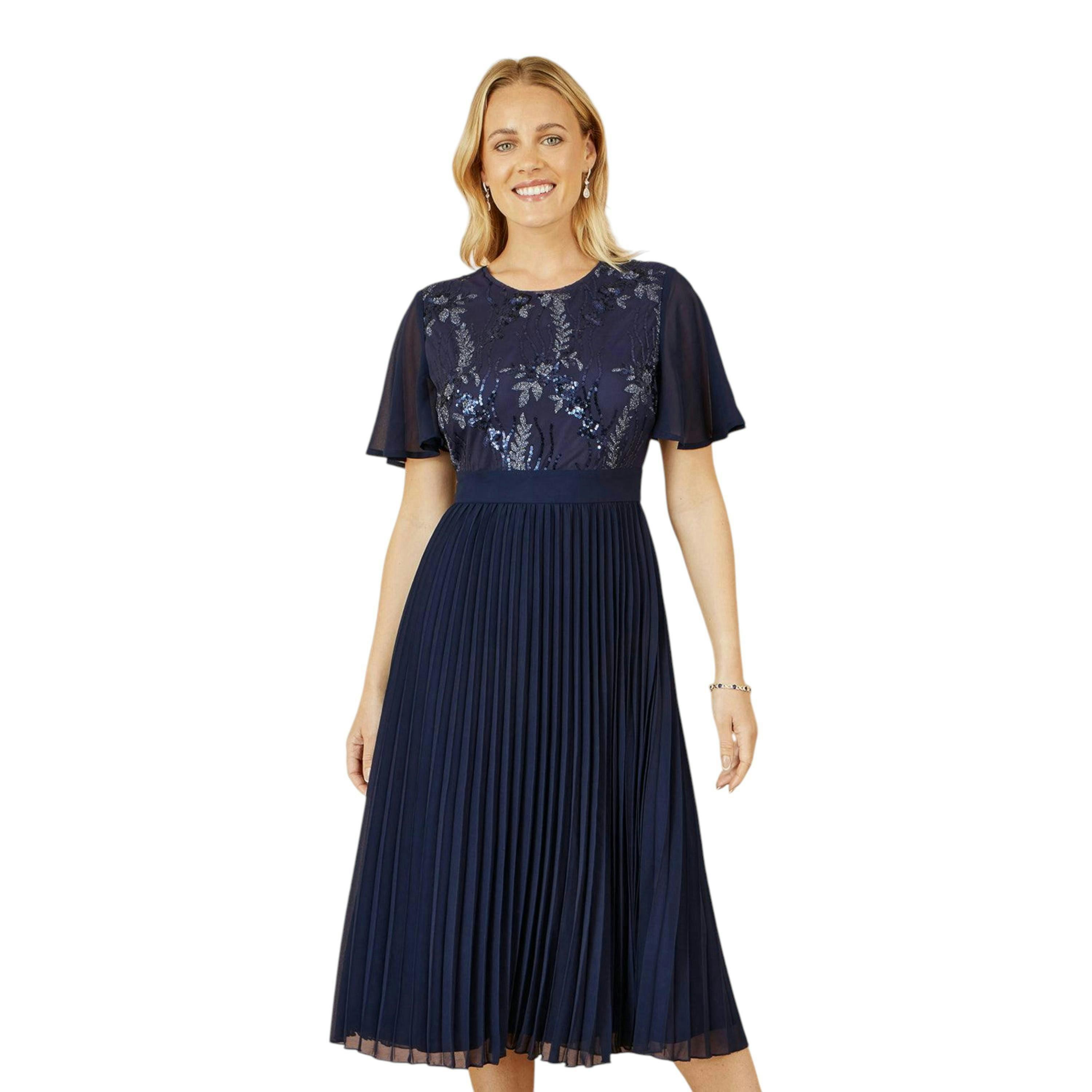 Yumi Navy Sequin Embellished Panel Pleated Midi Dress , view 6 of 6