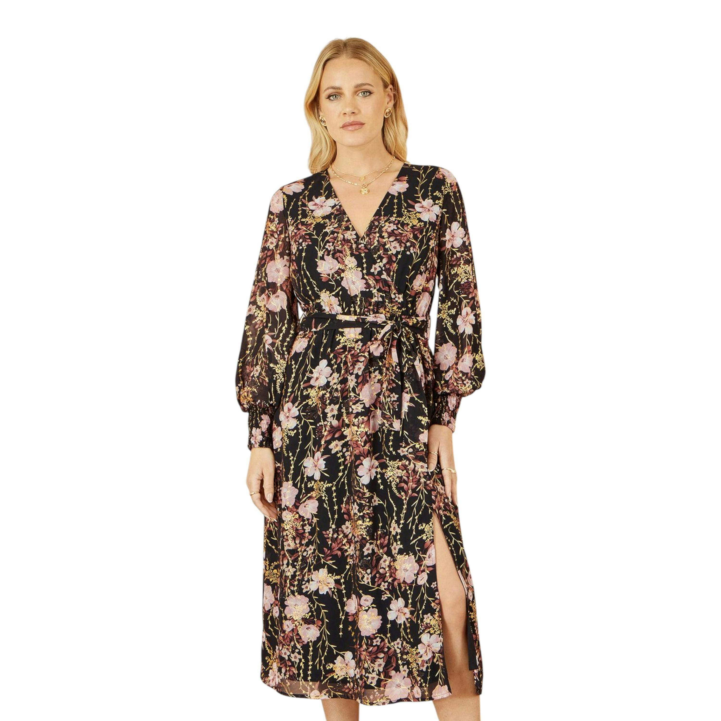 Yumi Black Foiled Floral Print Wrap Midi Dress , view 1 of 5