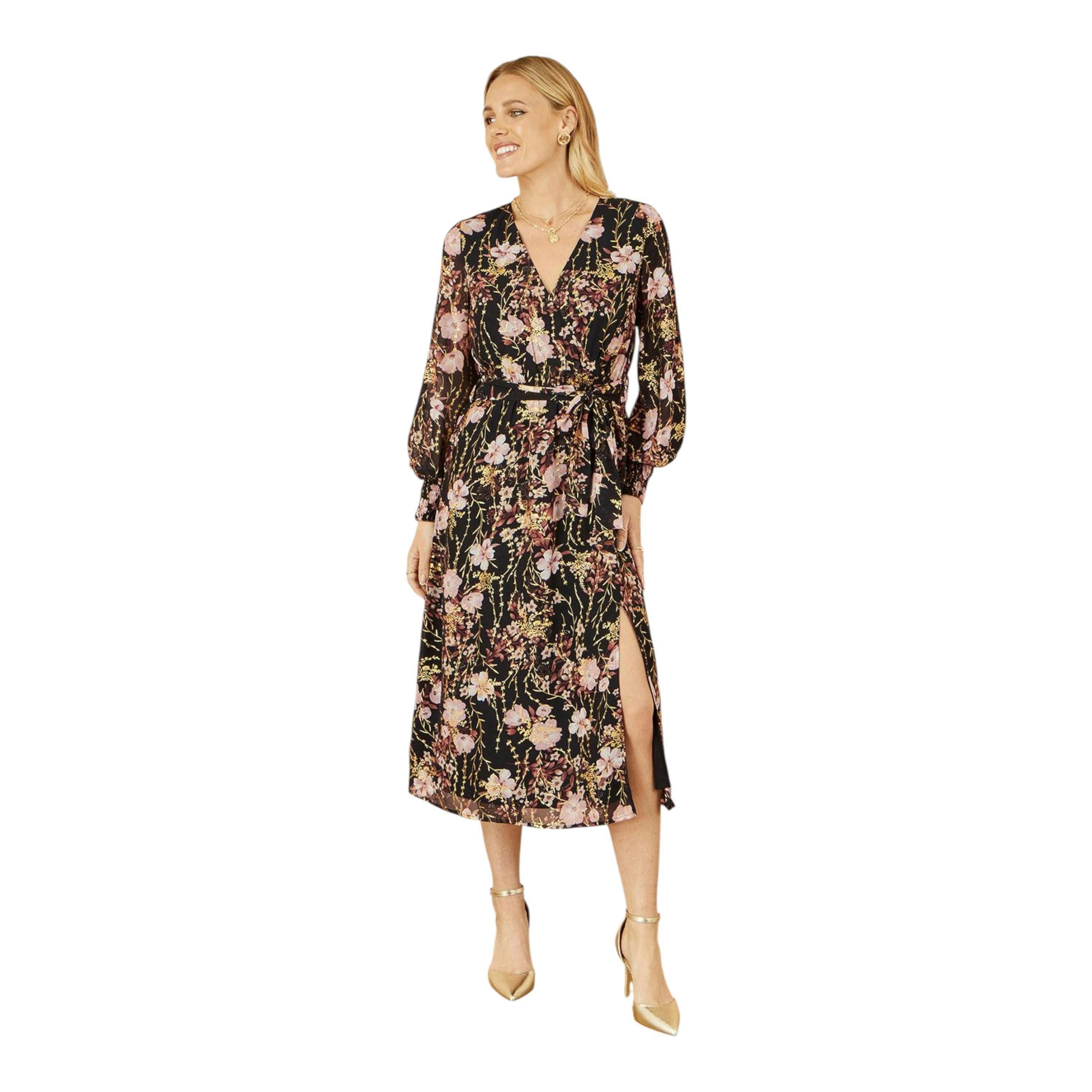 Yumi Black Foiled Floral Print Wrap Midi Dress , view 2 of 5