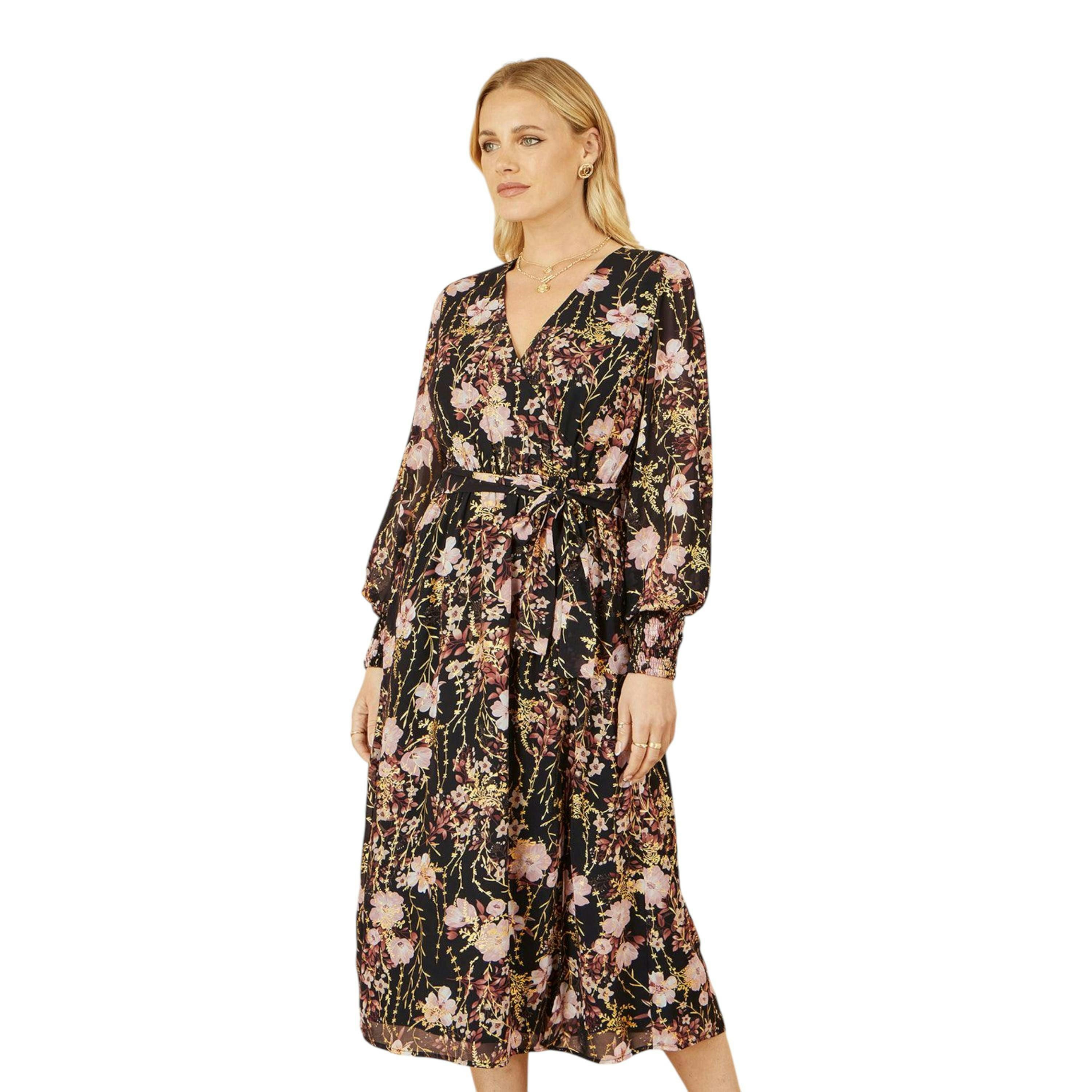 Yumi Black Foiled Floral Print Wrap Midi Dress , view 3 of 5