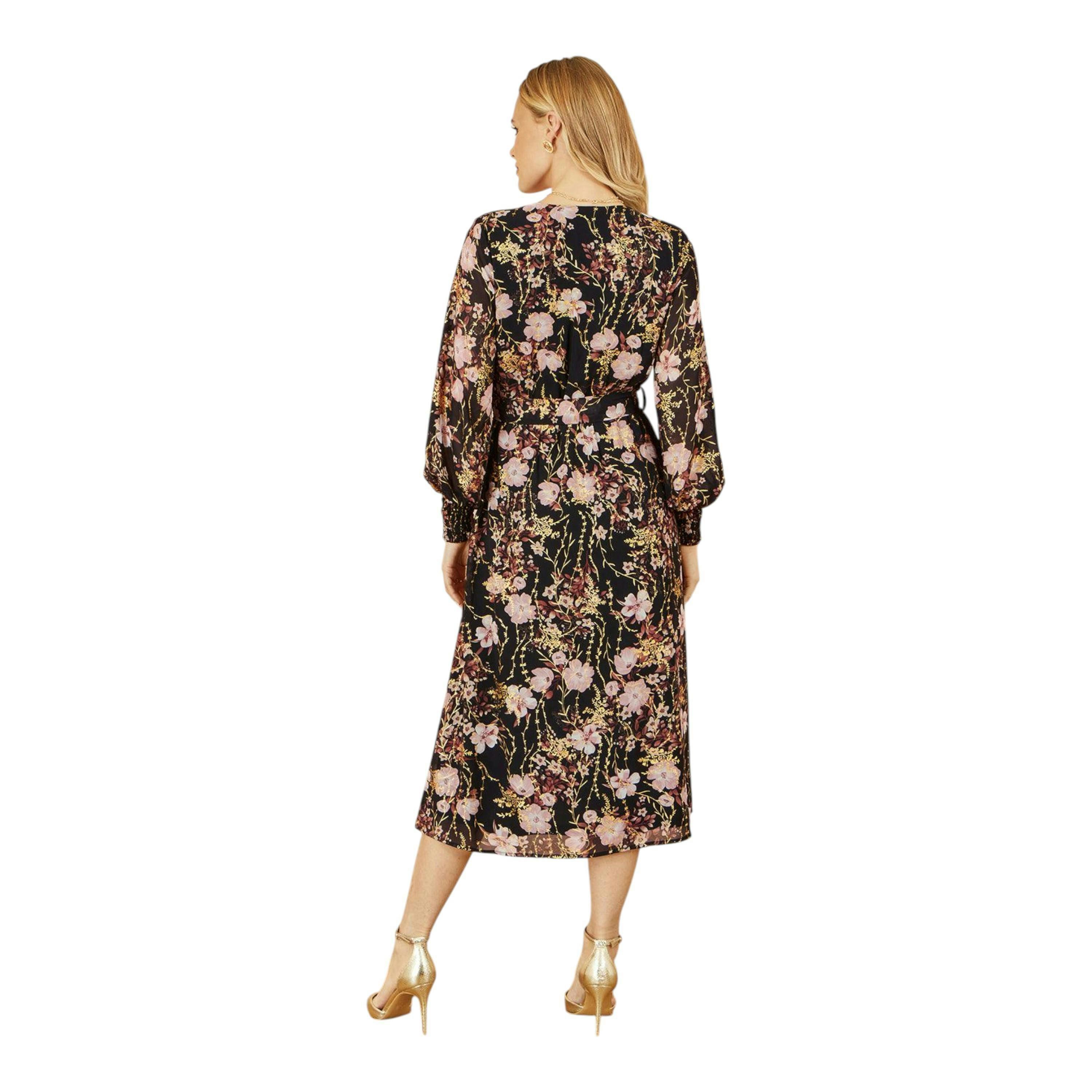 Yumi Black Foiled Floral Print Wrap Midi Dress , view 5 of 5