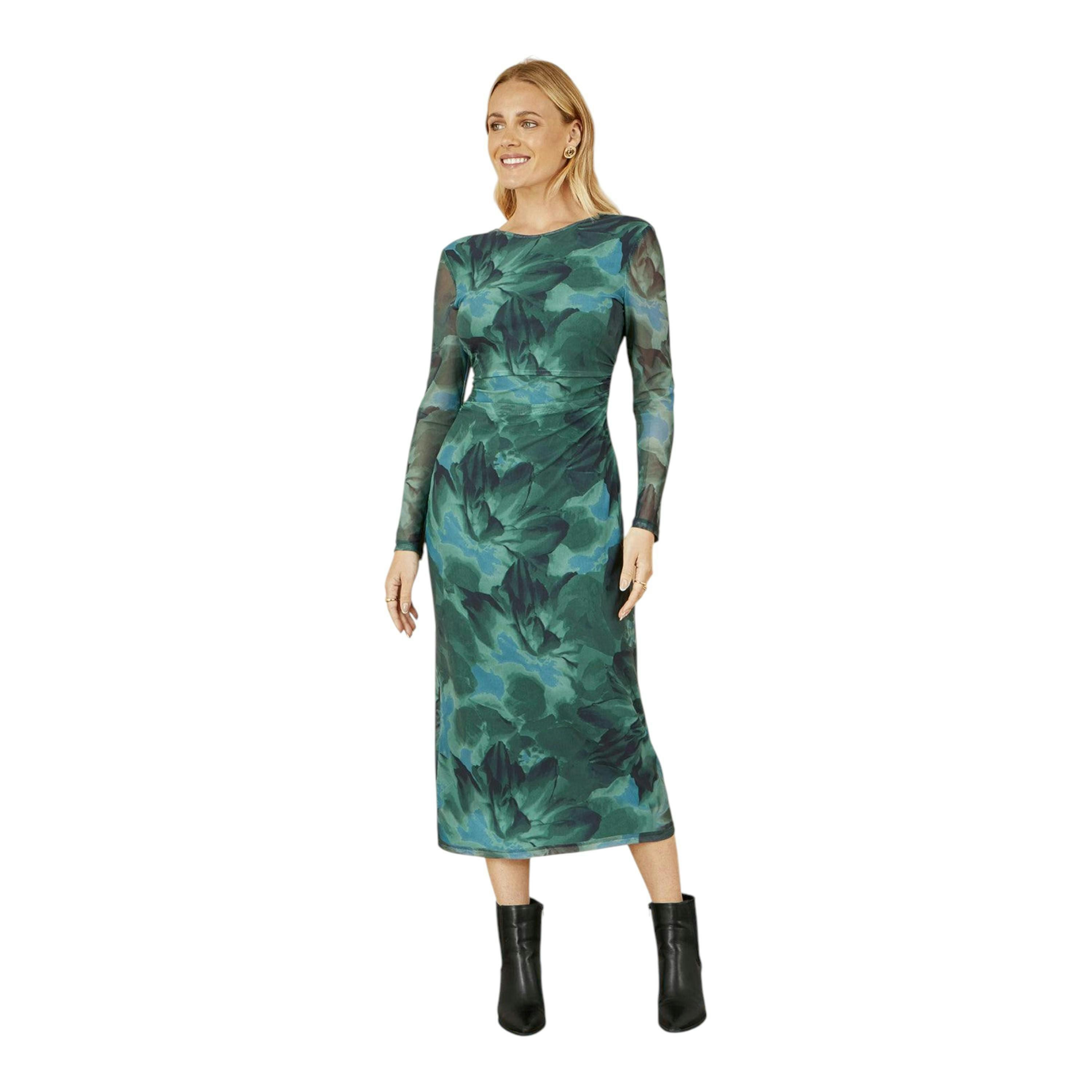 Yumi Green Floral Mesh Bodycon Dress With Tie Back , view 1 of 6