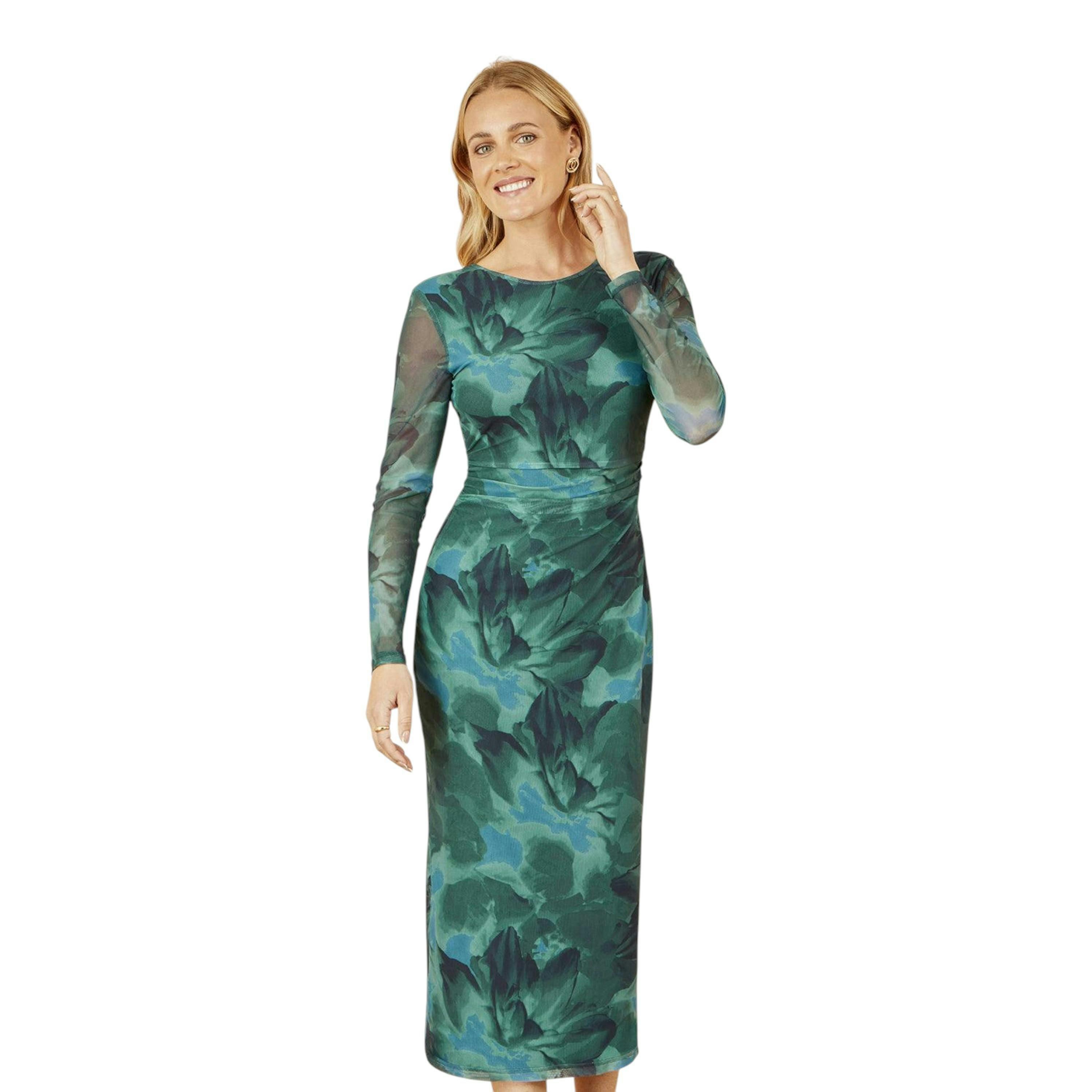 Yumi Green Floral Mesh Bodycon Dress With Tie Back , view 4 of 6
