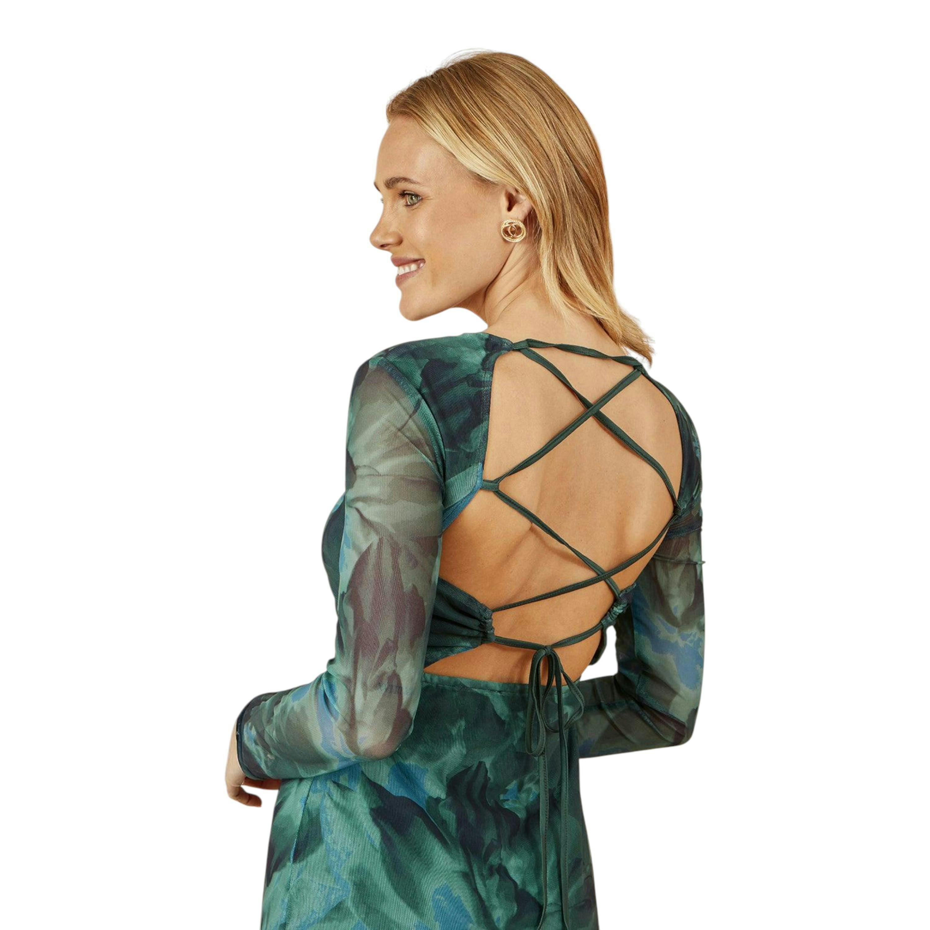 Yumi Green Floral Mesh Bodycon Dress With Tie Back , view 5 of 6