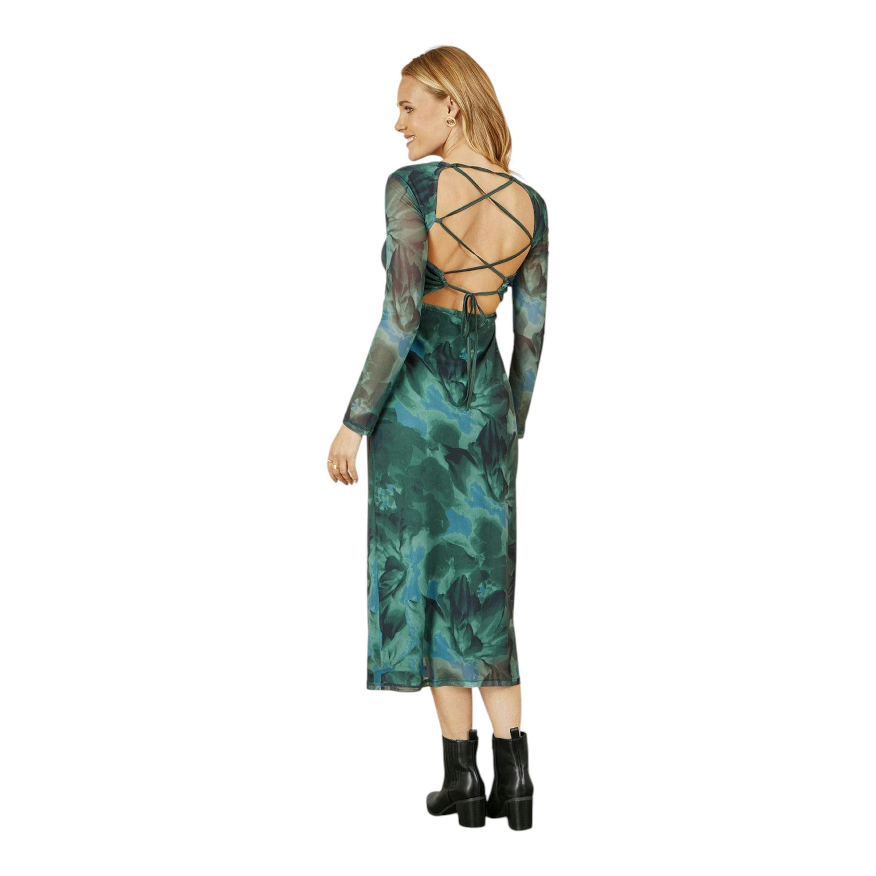Yumi Green Floral Mesh Bodycon Dress With Tie Back , view 6 of 6