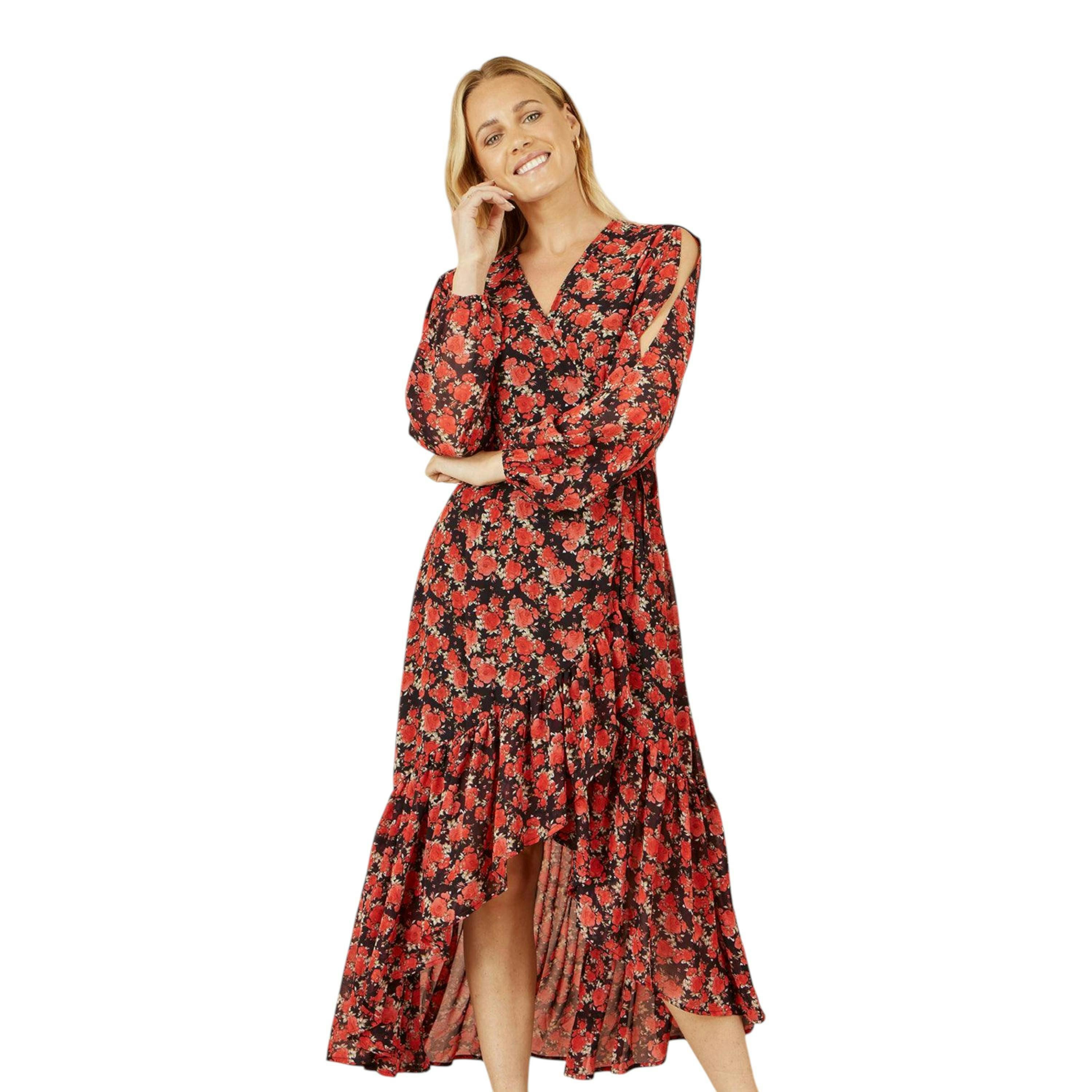 Yumi Red Rose Print Dipped Hemline Midi Dress With Open Long Sleeves , view 1 of 5