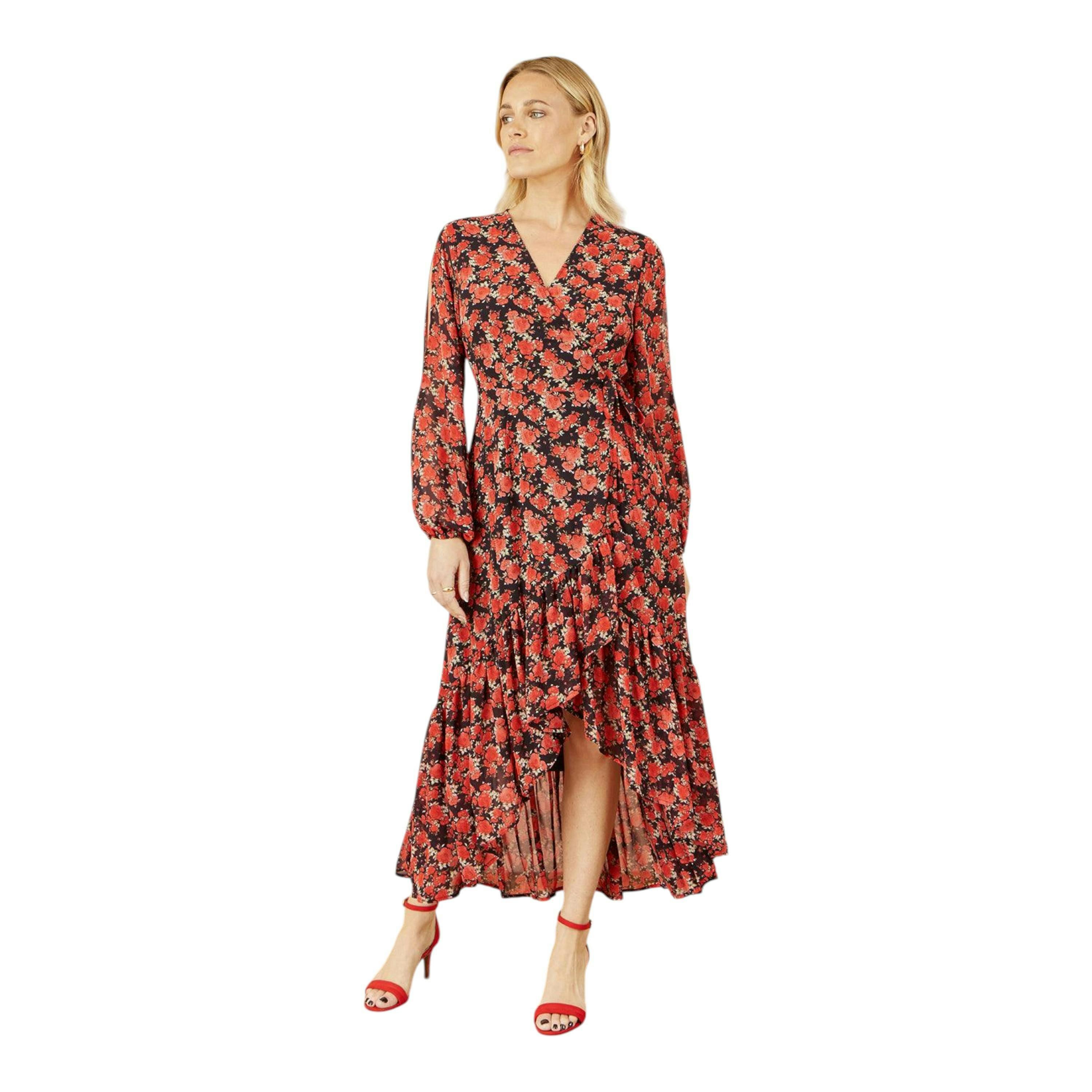 Yumi Red Rose Print Dipped Hemline Midi Dress With Open Long Sleeves , view 3 of 5