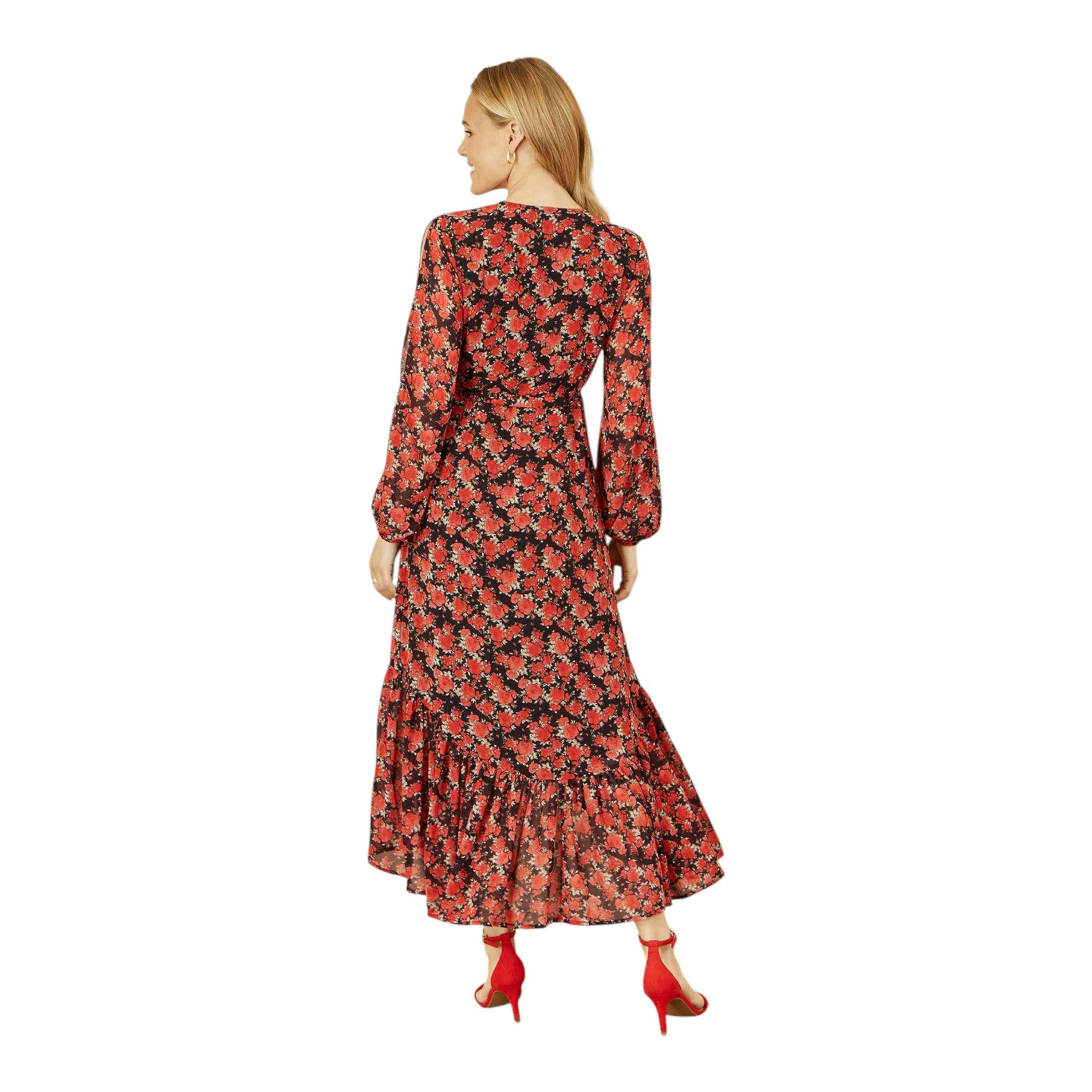 Yumi Red Rose Print Dipped Hemline Midi Dress With Open Long Sleeves , view 4 of 5