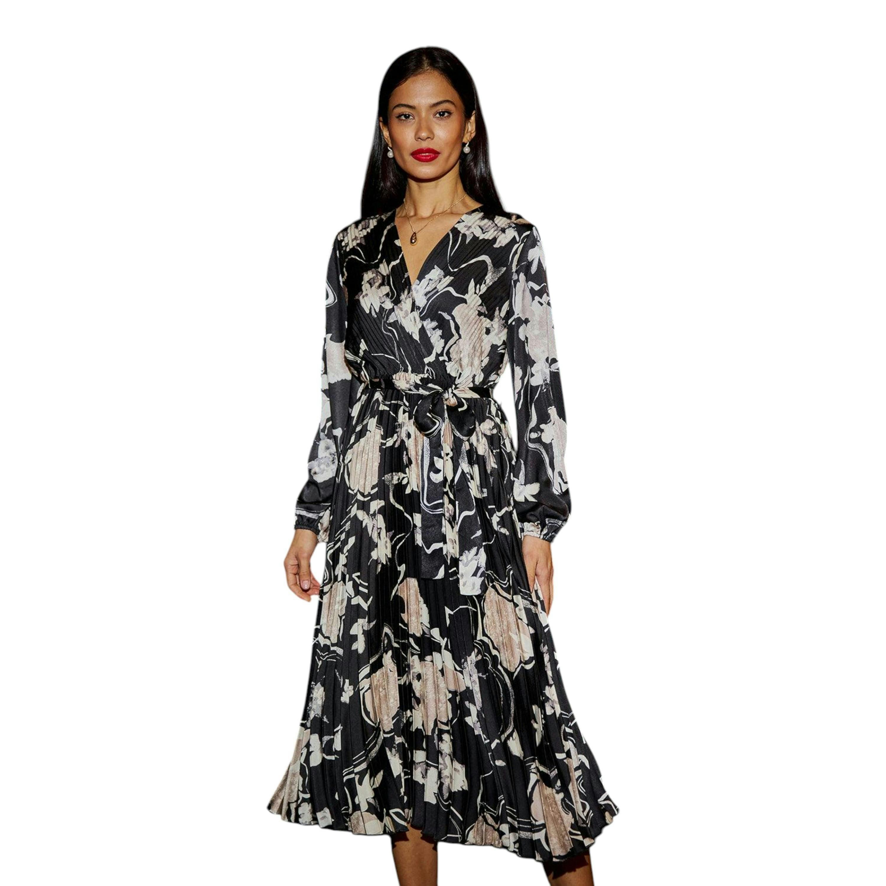 Yumi Black Floral Satin Pleated Midi Dress , view 1 of 6