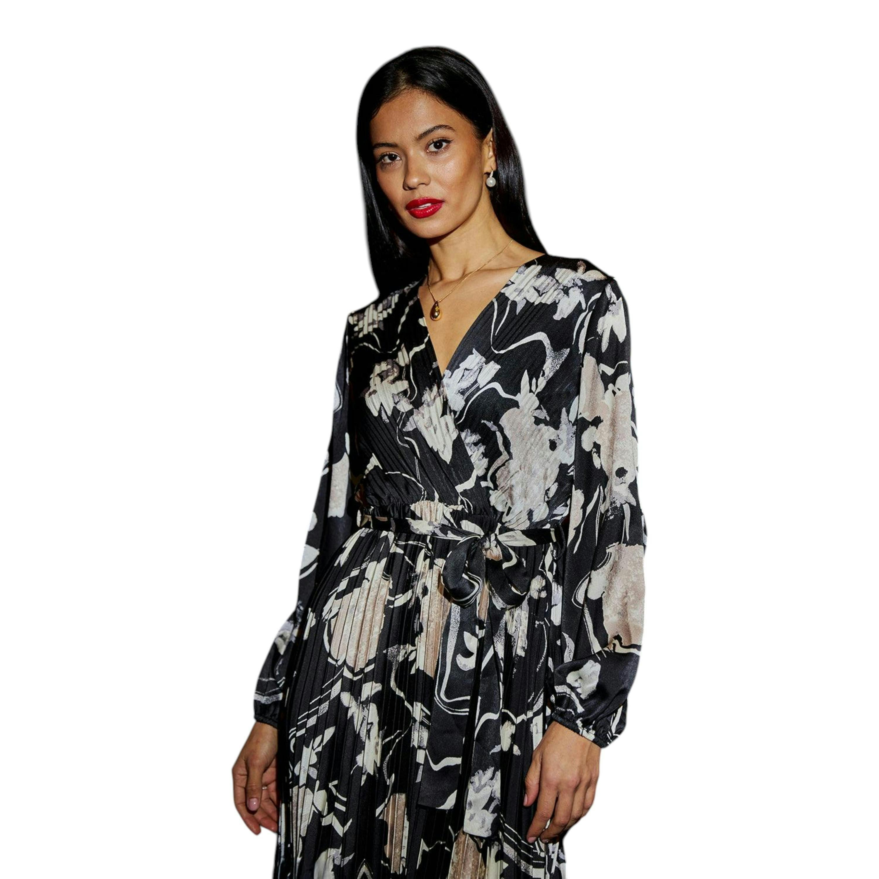 Yumi Black Floral Satin Pleated Midi Dress , view 2 of 6